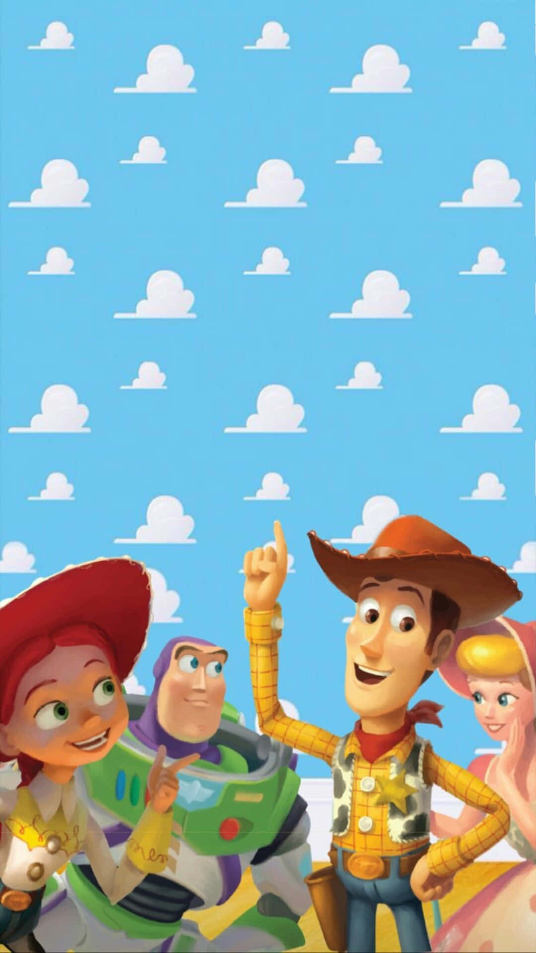 Toy Story Cloud 桌布 壁紙 — 玩具總動員角色胡迪、巴斯光年及潔西在藍天白雲下微笑。