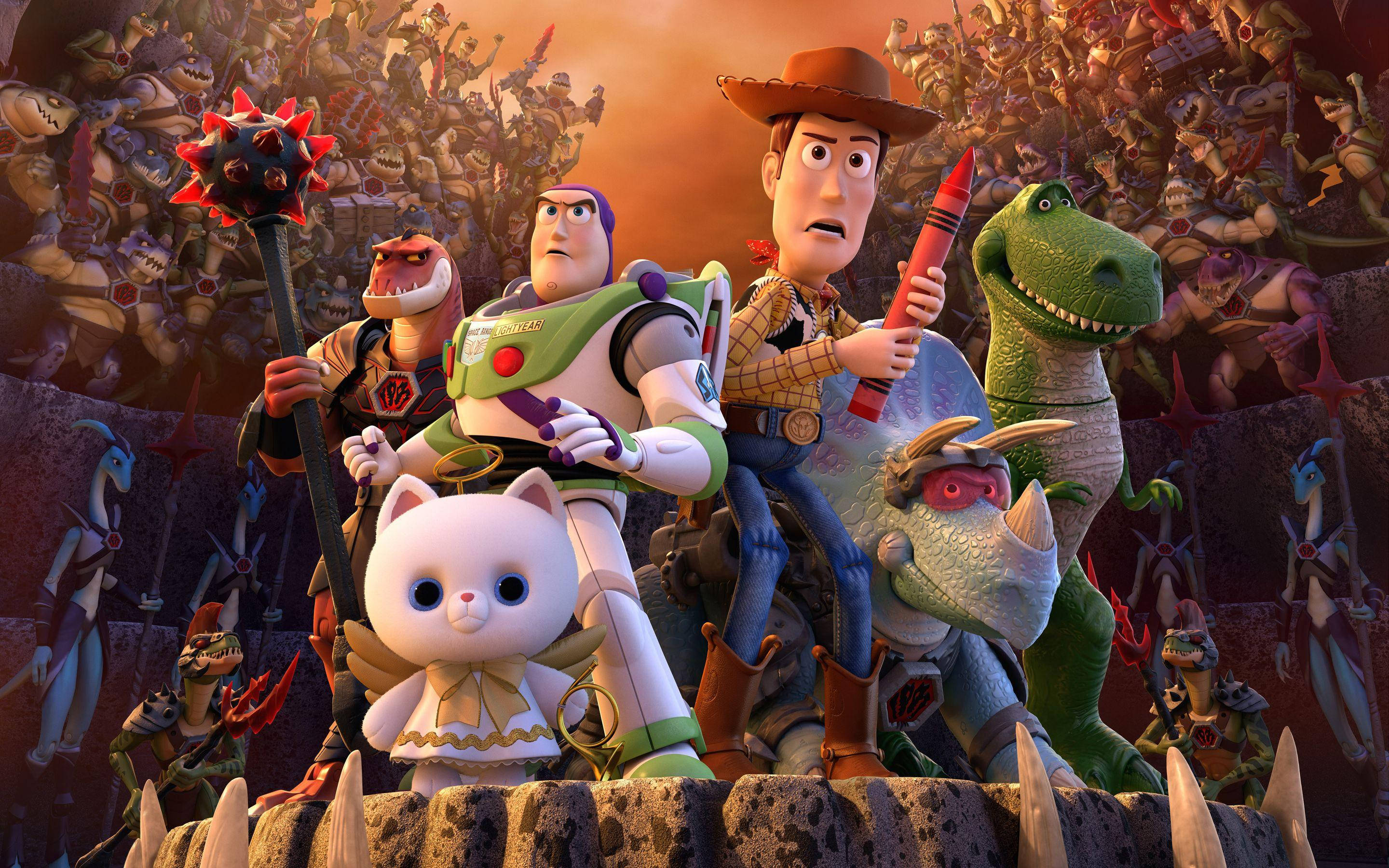 Toy Story 3 桌布 壁紙 — 玩具總動員角色英勇地站在尖刺邊緣上，面對一群外星玩具，天空是火熱的橙色。