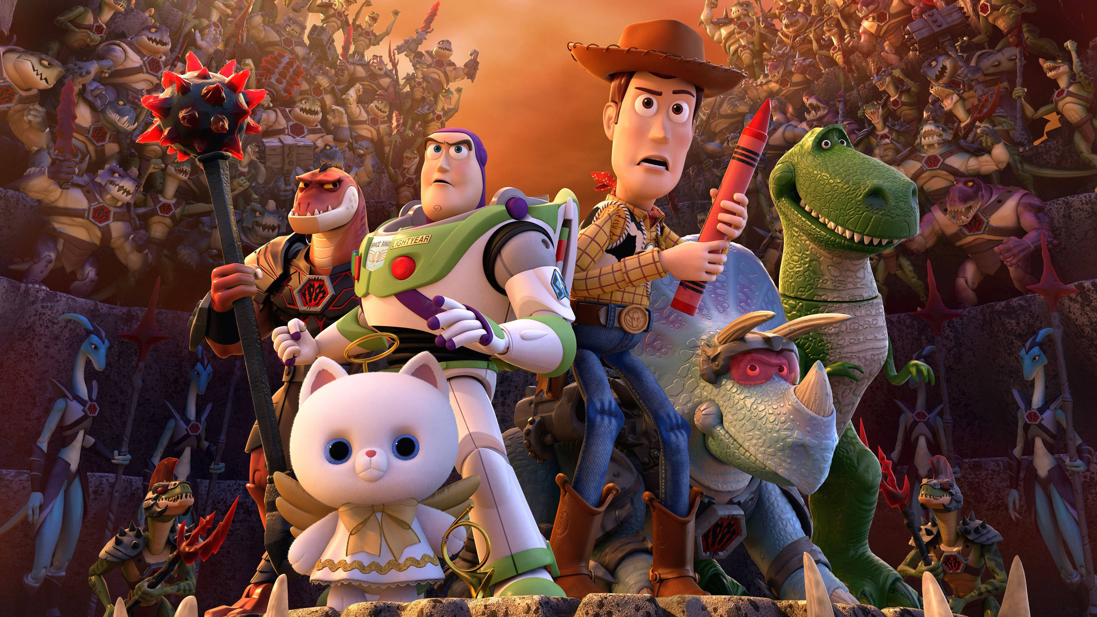 Toy Story 4 桌布 壁紙 — 玩具總動員角色英雄地站在岩石架上，面對著一支玩具士兵軍隊，天空是火熱的橙色。