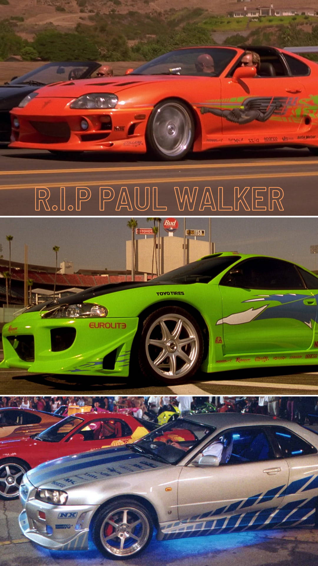 Paul Walker 桌布 壁紙 — 《玩命關頭》系列中三輛標誌性改裝跑車停放在沙漠環境中。