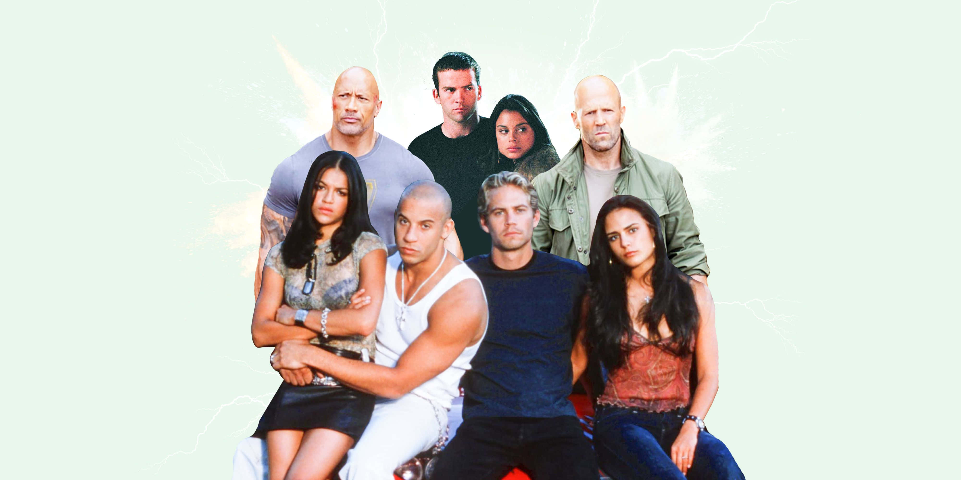 Fast And Furious 桌布 壁紙 — 《玩命關頭》系列的七位演員在淺綠色背景前自信擺姿勢，背景有閃電效果。