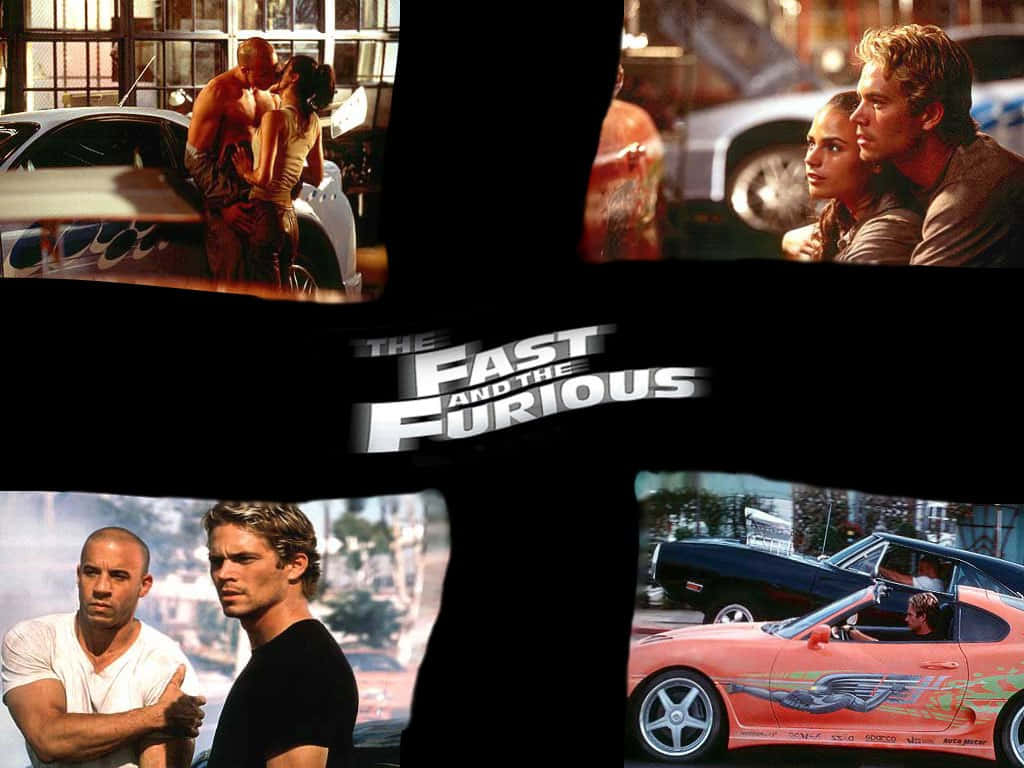 Fast And Furious 桌布 壁紙 — 《玩命關頭》電影場景拼貼，展示肌肉男、女性和定制汽車在城市環境中。