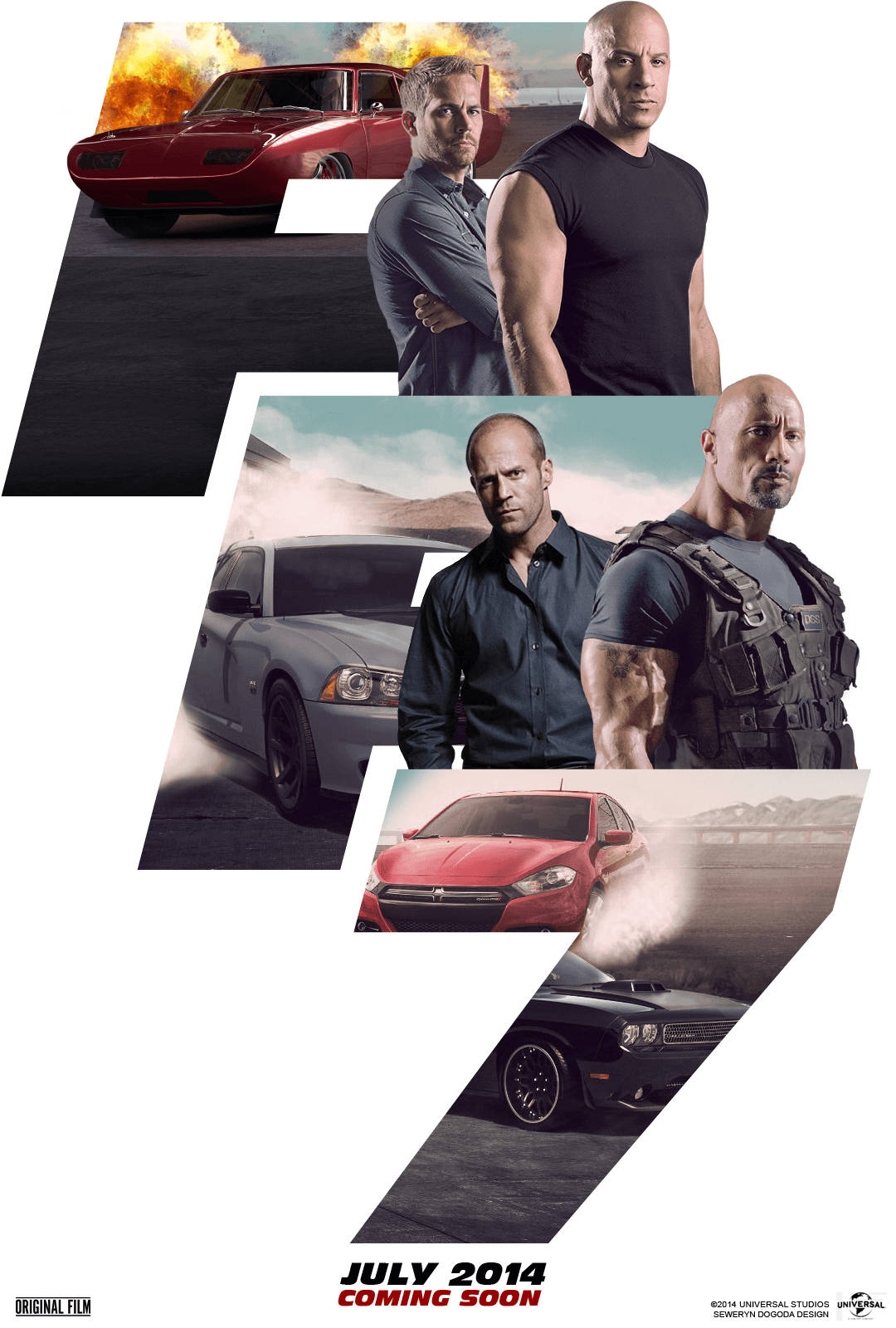 《玩命關頭7》電影海報， featuring Vin Diesel、Paul Walker 和 Dwayne Johnson 與賽車。 — iPhone 14 壁紙