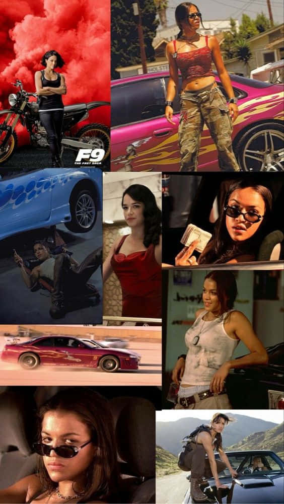 Fast And Furious Desktop 桌布 壁紙 — 玩命關頭場景拼貼，呈現戴太陽眼鏡的女性、汽車和煙霧，色彩鮮豔。