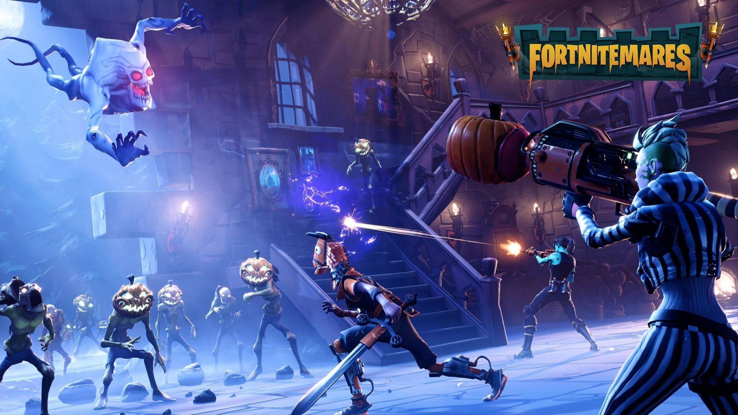 Fortnite 桌布 壁紙 — 玩家在Fortnite Mares活動期間，在鬼屋中與發光的南瓜頭殭屍和漂浮的幽靈戰鬥。