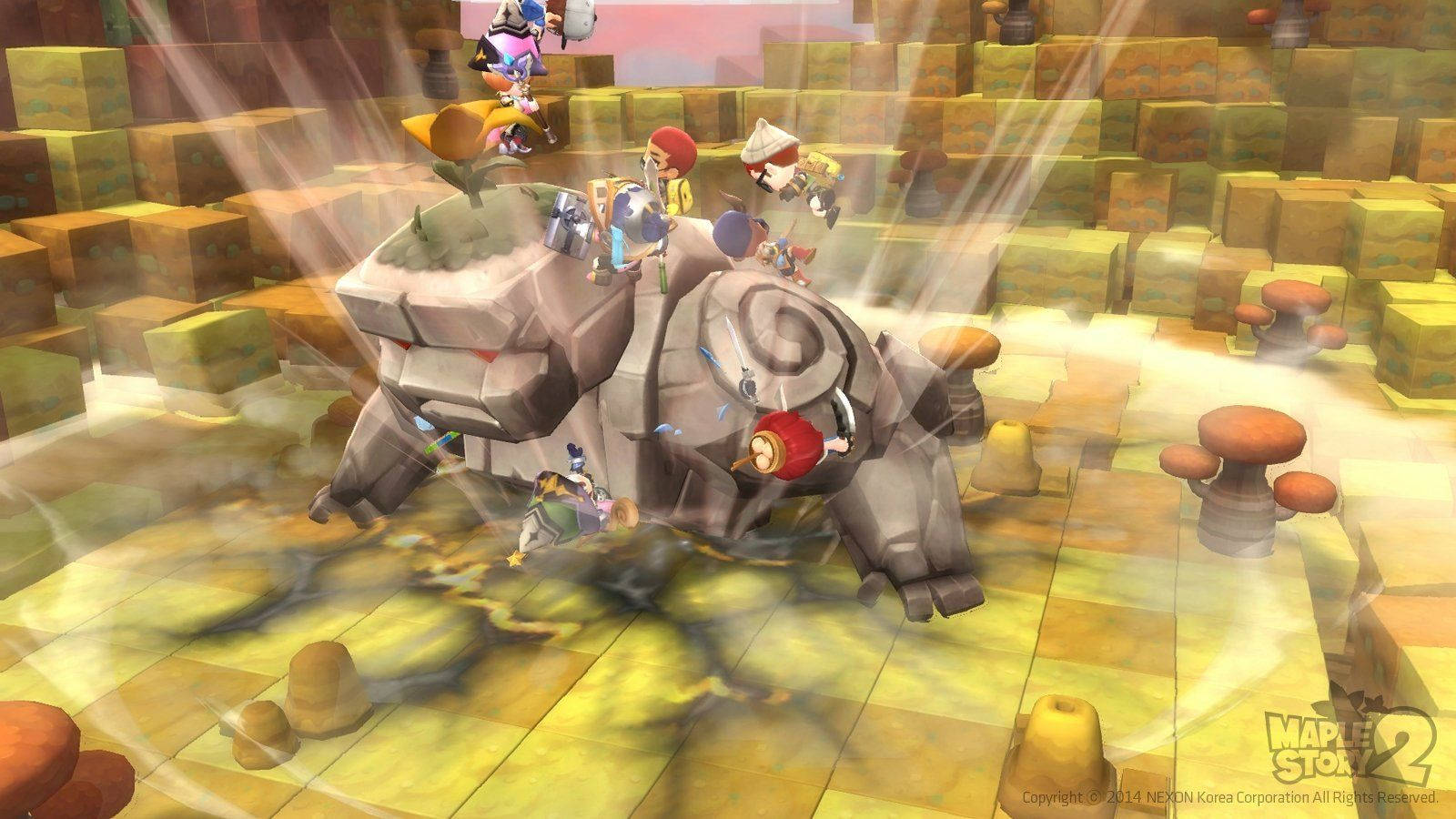 Maplestory 2 桌布 壁紙 — 玩家在一個帶有發光光束和蘑菇裝飾的方塊幻想競技場中與巨型石頭首領戰鬥。