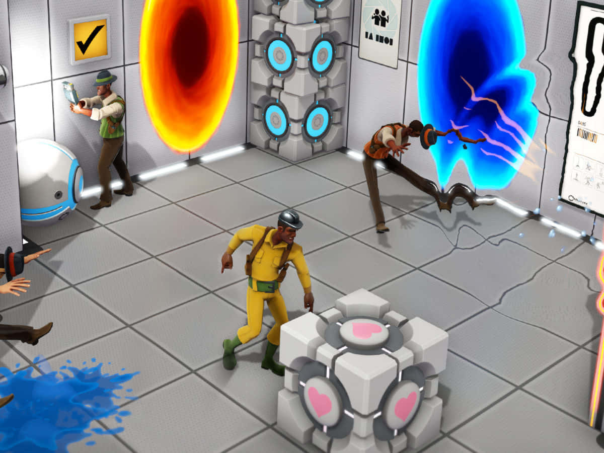 Portal Characters 桌布 壁紙 — 玩家在未來風格的解謎遊戲中，穿越發光的傳送門，並在無菌的實驗室環境中與傳送門裝置互動。