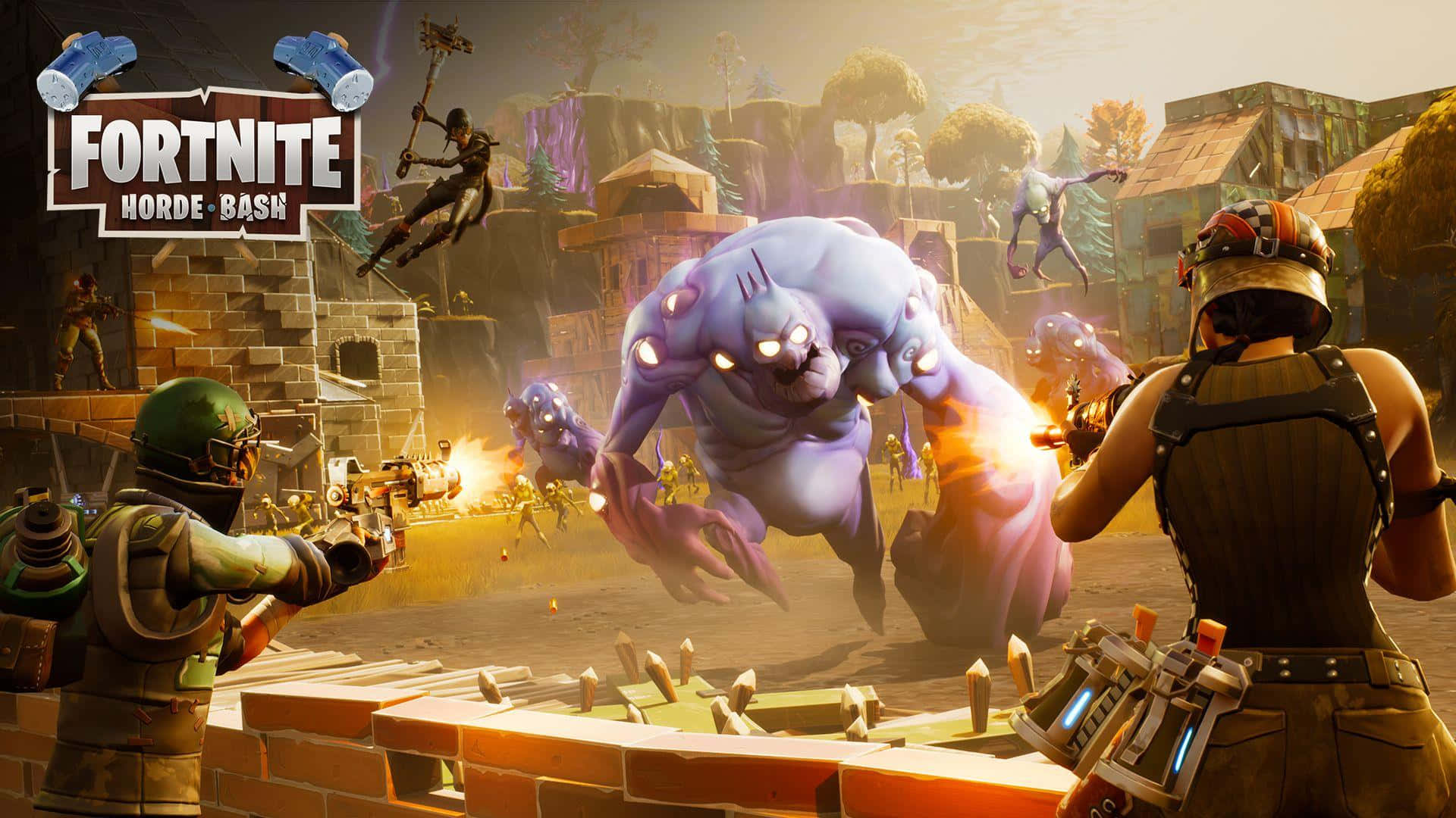 Action Game 桌布 壁紙 — 玩家在混亂的Fortnite Horde Bash場景中與巨大的發光紫色怪物戰鬥，伴隨著爆炸和飛行的角色。