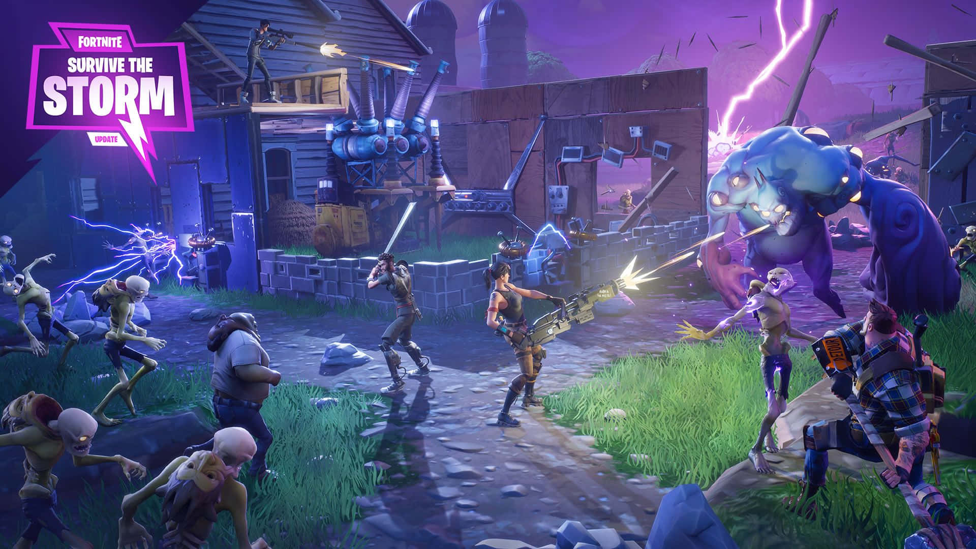 PC 遊戲 桌布 壁紙 — 玩家在風暴中紫色燈光的Fortnite battle royale場景中與巨型怪物和殭屍戰鬥。