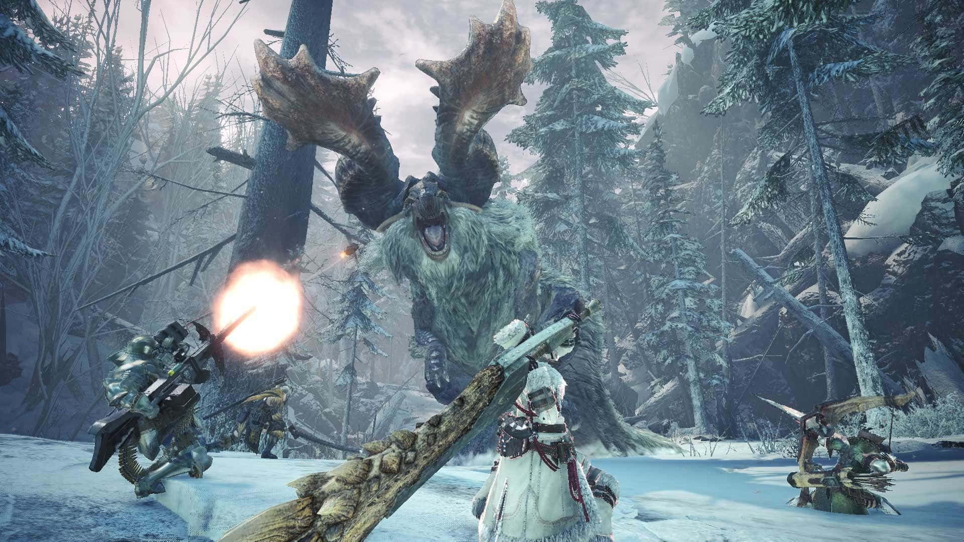Monster Hunter Desktop 桌布 壁紙 — 玩家在黃昏時分的冰凍森林中與一隻覆蓋著雪、擁有巨大鹿角的巨型怪物戰鬥。