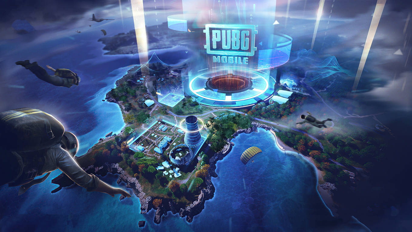 絕地求生 桌布 壁紙 — 玩家跳傘朝向一個發光的未來島嶼，中央有PUBG Mobile競技場，周圍環繞著海洋和森林。
