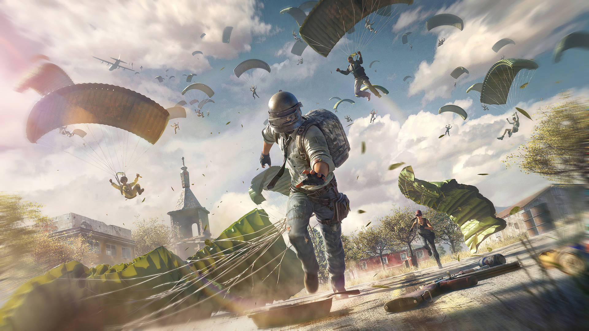 士兵在戰鬥中跳傘進入一個被摧毀的小鎮。 — PUBG 4K 壁紙 壁紙