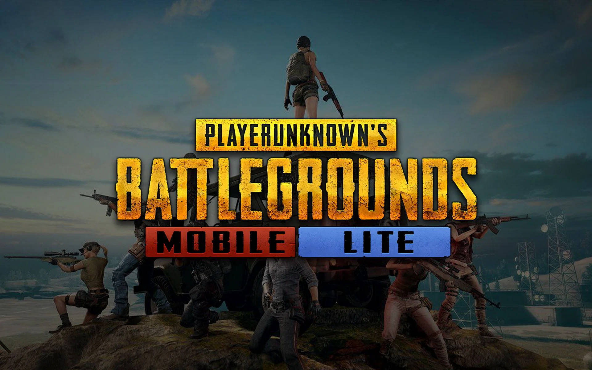 pubg mobile 桌布 壁紙 — 玩家身穿戰鬥裝備，站在多岩石的山丘上，天空多雲，並顯著展示「PlayerUnknown's Battlegrounds Mobile Lite」標誌。