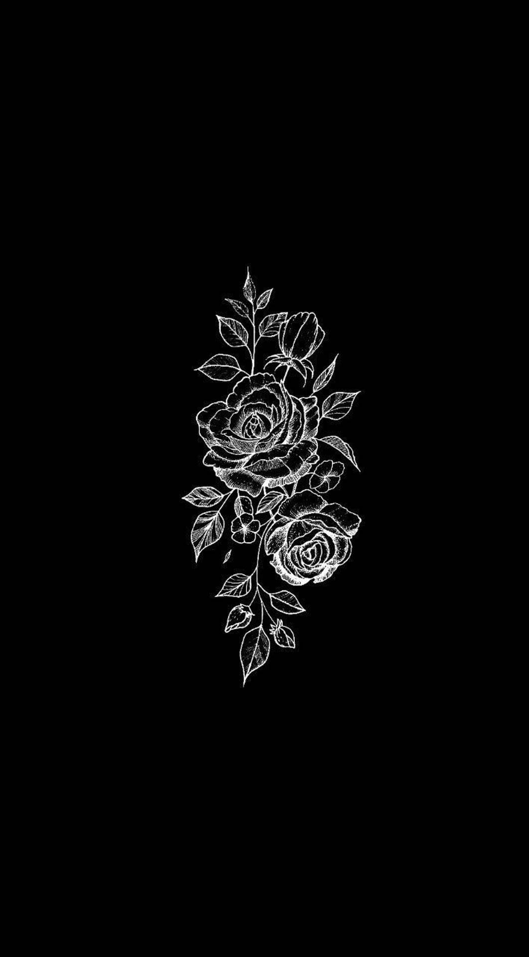 Rose Flower 桌布 壁紙 — 玫瑰和葉子的精緻白色線條畫在純黑色背景上顯得格外突出。