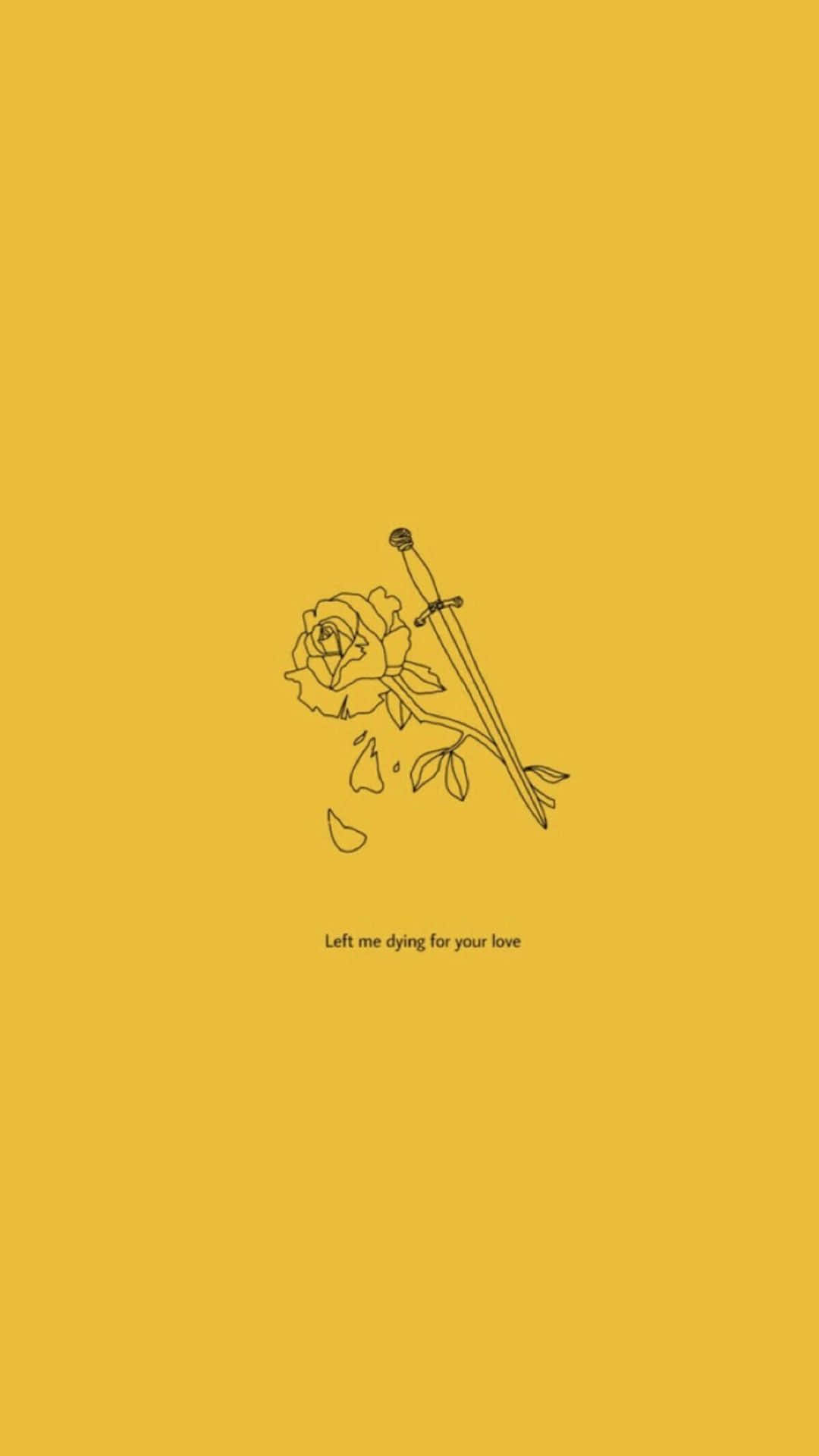 Aesthetic Yellow 桌布 壁紙 — 玫瑰與劍的極簡線條畫，背景為純芥末黃色，下方附有文字。