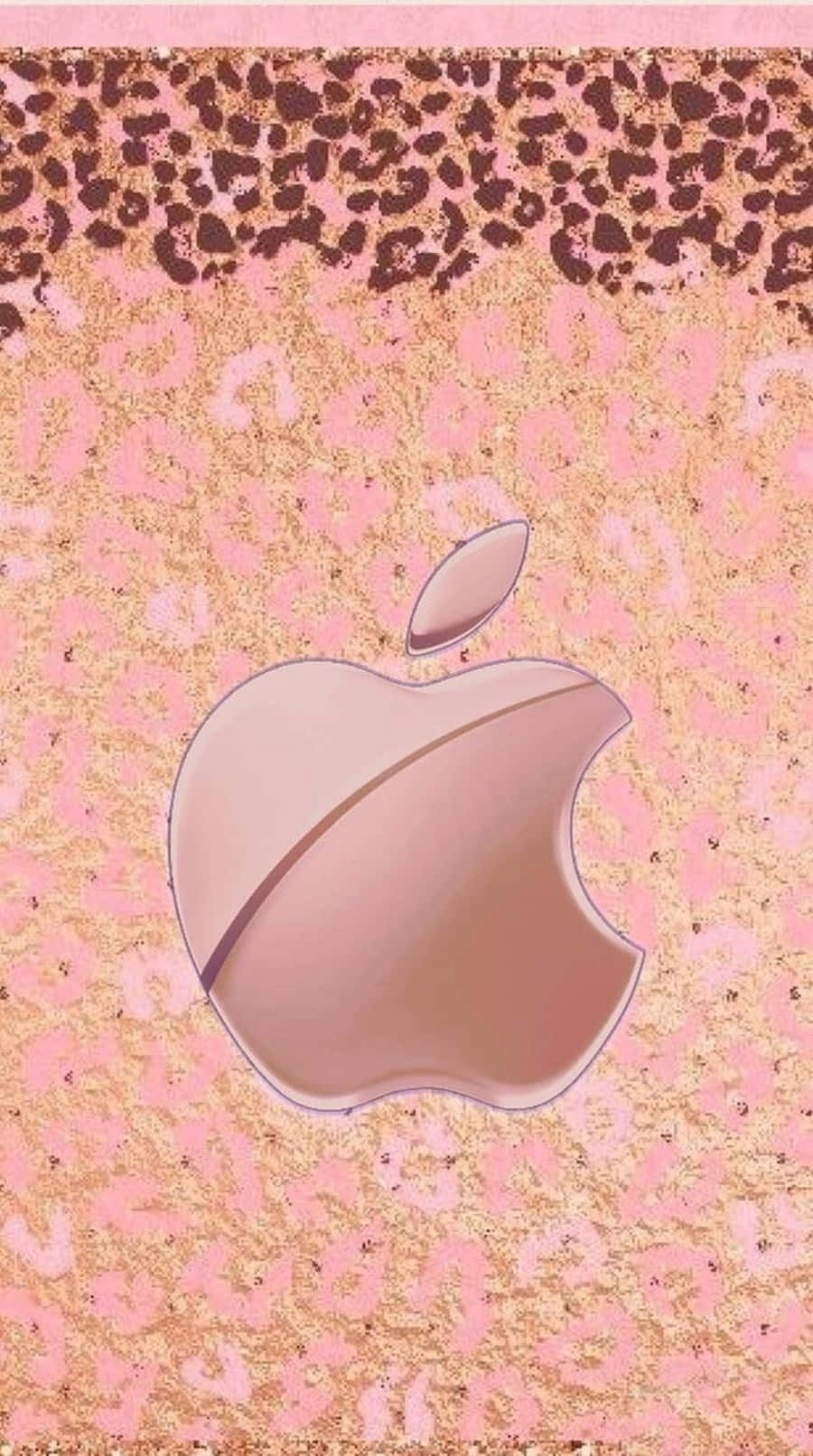 豹紋 桌布 壁紙 — 玫瑰金Apple標誌居中於粉紅和金色豹紋背景上，帶有閃亮質感。