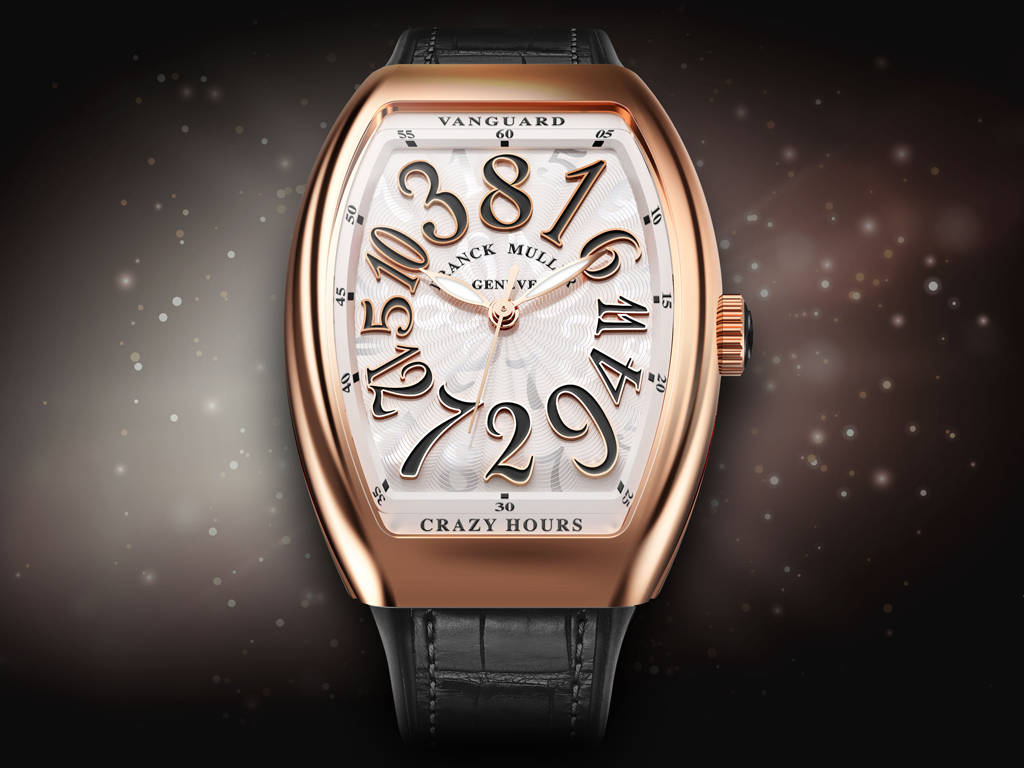 Woman 桌布 壁紙 — 玫瑰金Franck Muller Vanguard Crazy Hours手錶，搭配黑色皮革錶帶，置於深色星空背景前。