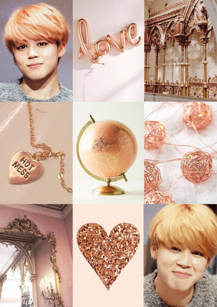 Jimin Aesthetic 桌布 壁紙 — 玫瑰金主題物品的拼貼畫，包括地球心形項鍊、愛情氣球和華麗建築，以及一位年輕男子的肖像。