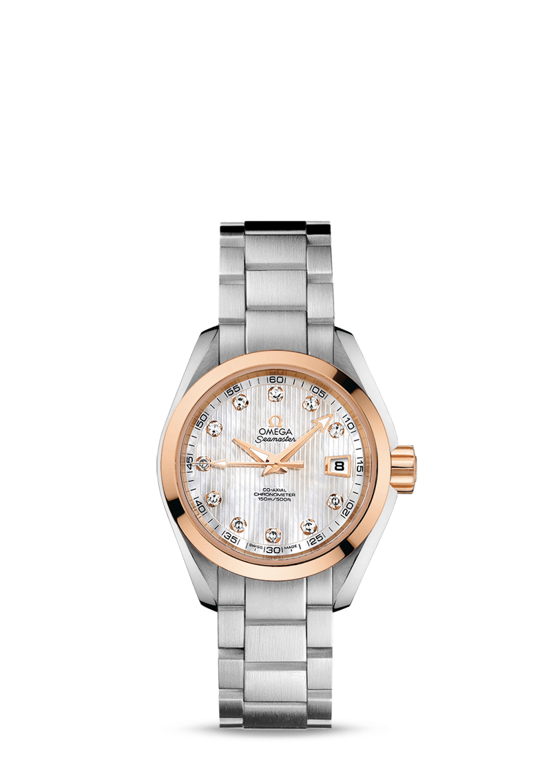 Omega 桌布 壁紙 — 玫瑰金和不鏽鋼歐米茄海馬手錶，帶有鑽石時標和白色錶盤，背景為純綠色。