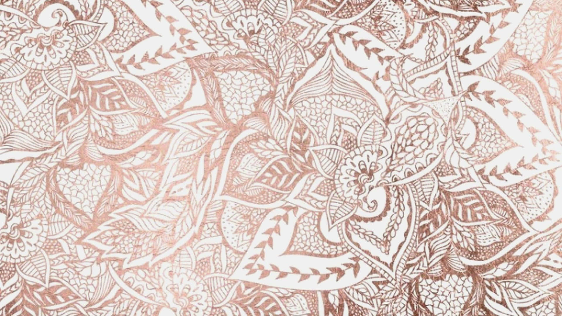 Aesthetic Rose Gold 桌布 壁紙 — 玫瑰金和白色的精緻花卉圖案，帶有詳細的葉子和花瓣圖案。