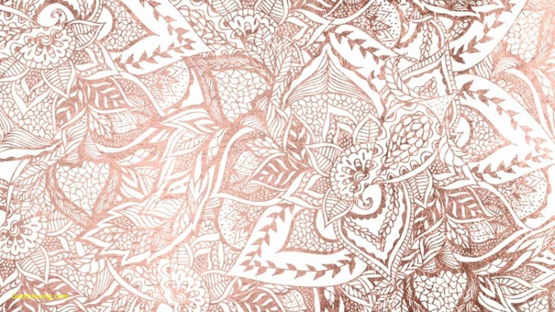  壁紙 — 玫瑰金和白色的精緻花卉圖案，帶有細緻的蕾絲狀葉片和旋轉藤蔓。
