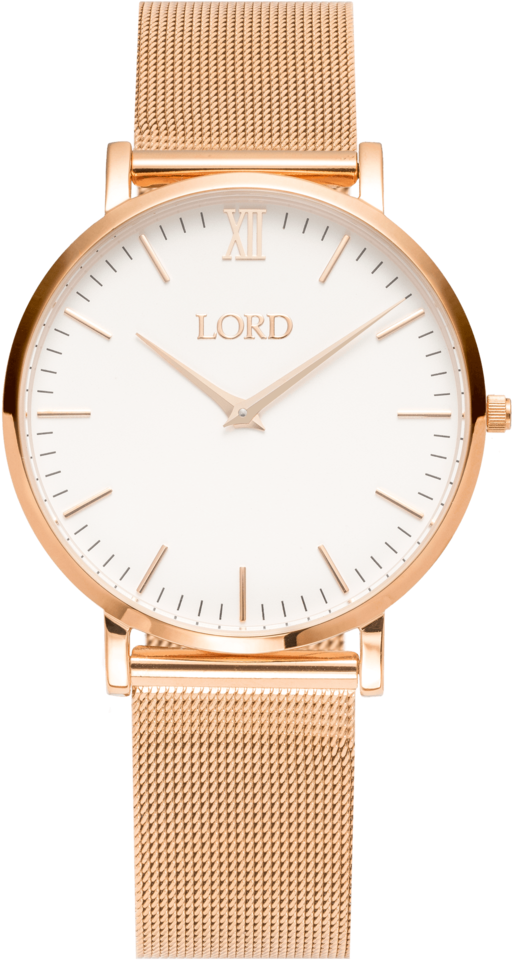 Timepiece 桌布 壁紙 — 玫瑰金模擬腕錶，配以網狀錶帶和極簡白色錶盤，帶有羅馬數字和品牌名稱 LORD。