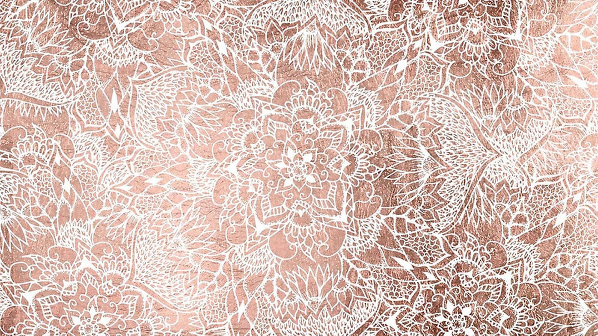 Rose Gold Desktop 桌布 壁紙 — 玫瑰金與白色的精緻花卉圖案，帶有紋理金屬光澤。