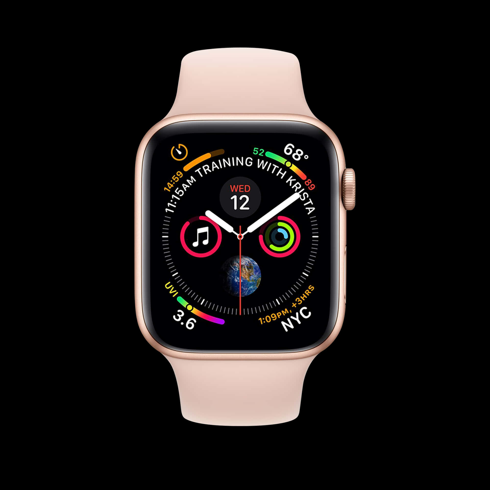 玫瑰金色 Apple Watch 配粉紅色錶帶，在黑色背景上顯示數位錶面 — Apple Watch 動態 壁紙
