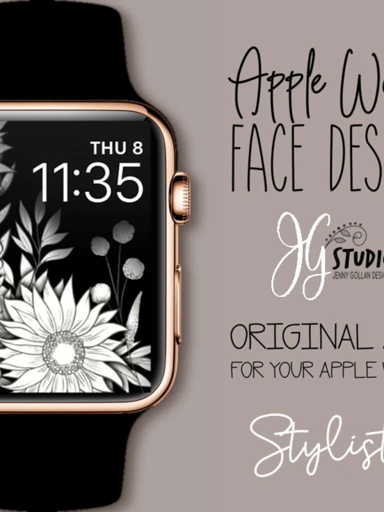 灰色背景上帶有花卉錶面和設計文字的 Apple Watch — Apple Watch 動態 壁紙