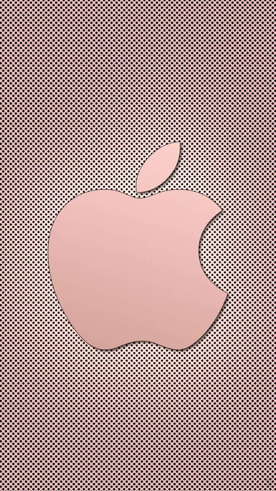 蘋果標誌 iPhone 桌布 壁紙 — 玫瑰金色 Apple 標誌居中於深粉紅色半色調點陣圖案背景上。