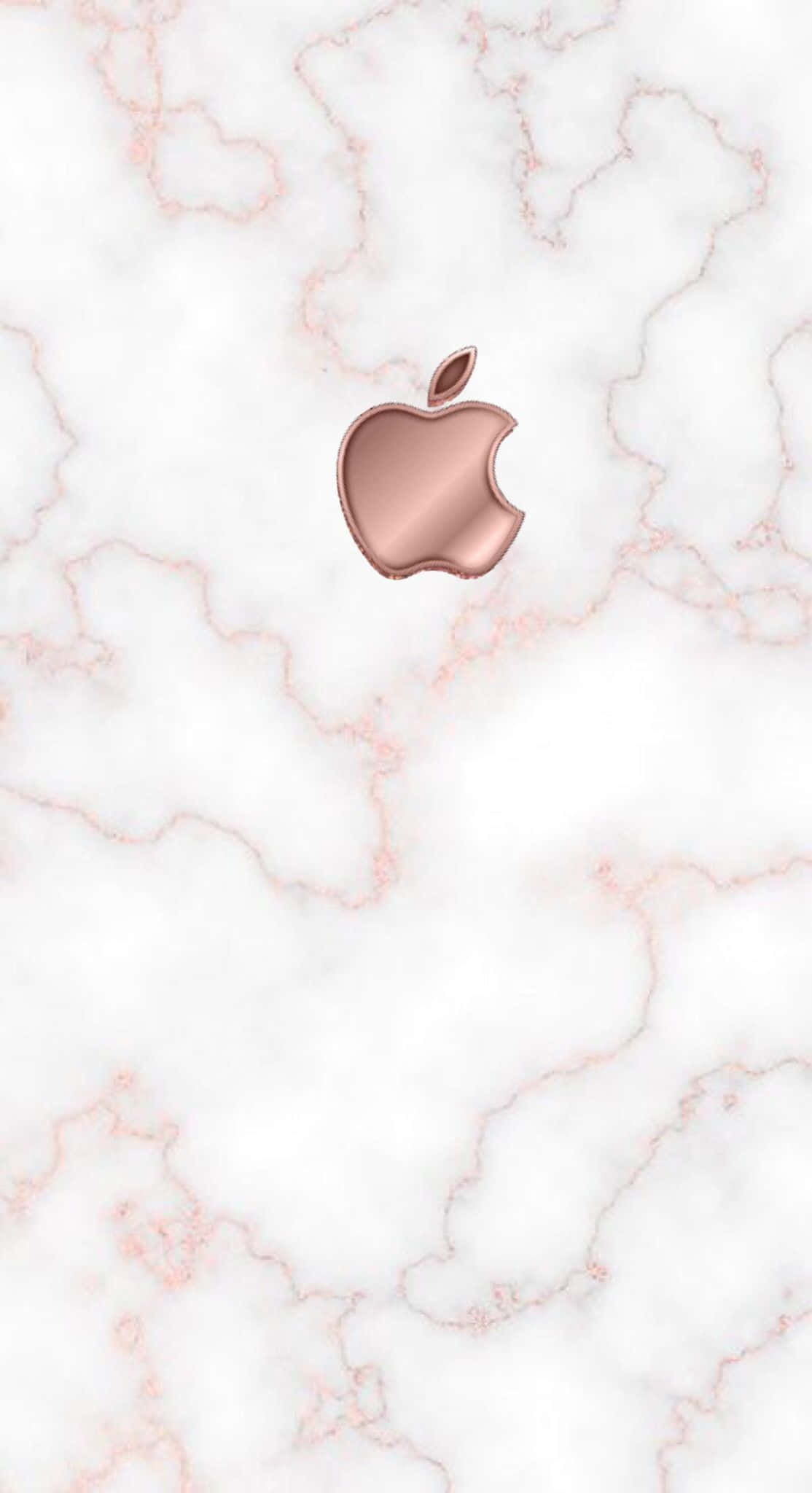 Rose Gold Marble iPhone 桌布 壁紙 — 玫瑰金色 Apple 標誌置於帶有細膩粉紅色紋理的白色大理石背景中央。