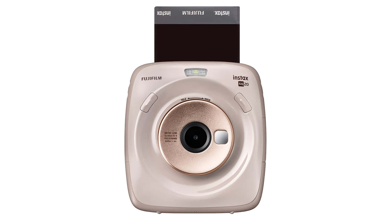 電影 桌布 壁紙 — 玫瑰金色 Fujifilm Instax SQ20 即時相機，頂部彈出一張列印照片，背景為白色。