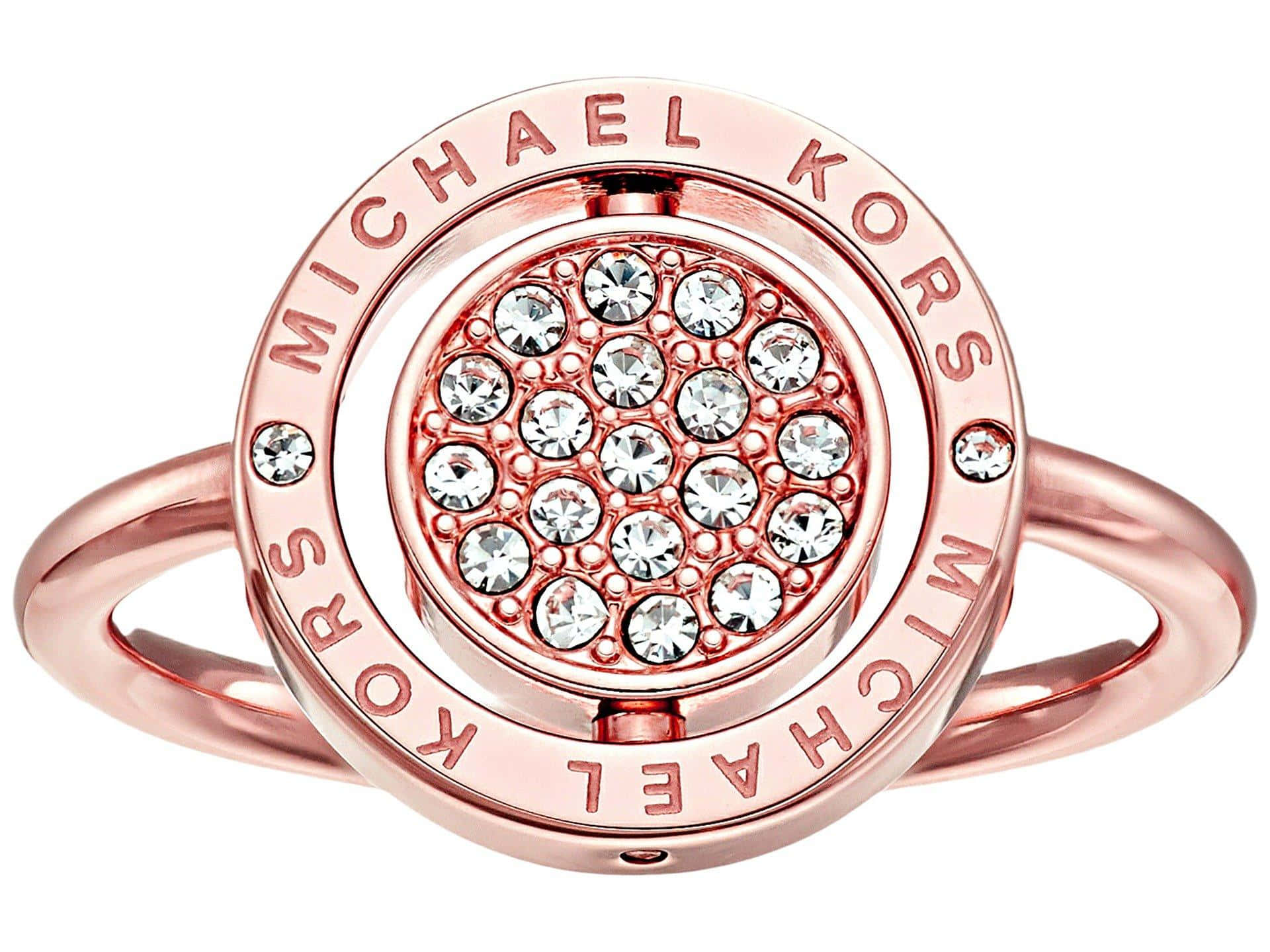 麥可·寇斯 桌布 壁紙 — 玫瑰金色Michael Kors戒指，圓形排列的閃亮水晶鑲嵌在品牌錶圈中。