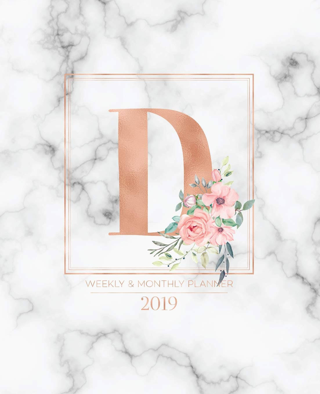 D 桌布 壁紙 — 玫瑰金色字母D搭配粉紅色花卉佈置，白色大理石背景，適用於2019年計劃本封面。