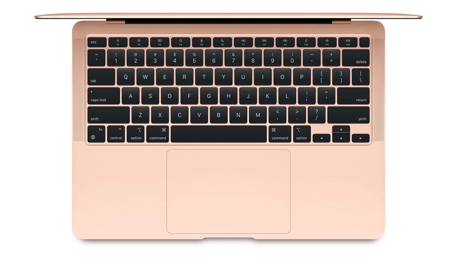 MacBook 動態圖片 桌布 壁紙 — 玫瑰金色筆記型電腦鍵盤的俯視圖，黑色按鍵和觸控板，背景為純白色。