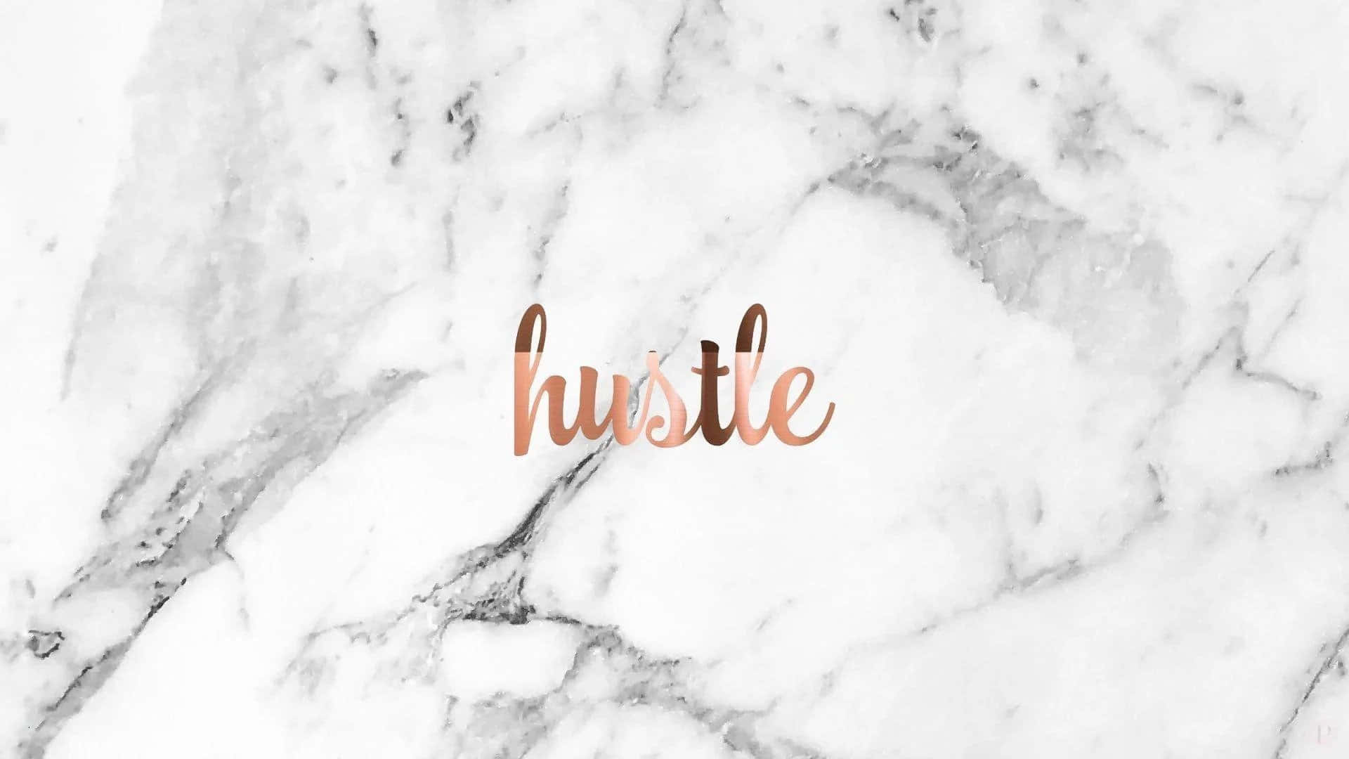 美學 iPad 壁紙 桌布 壁紙 — 玫瑰金色草書字體的「hustle」一詞放在白色和灰色大理石背景上。