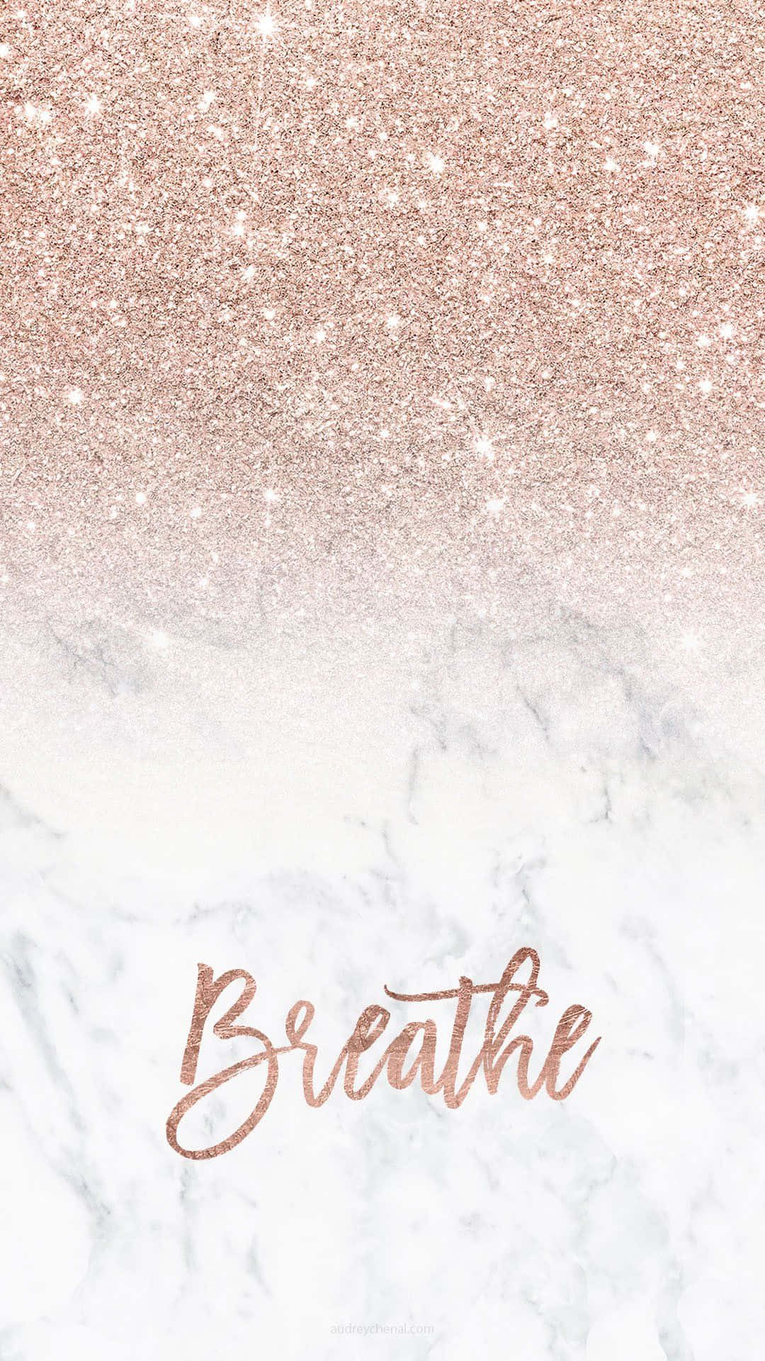 玫瑰金閃粉褪入大理石，並以草書寫上 breathe 一字。 — 閃爍 GIF 壁紙