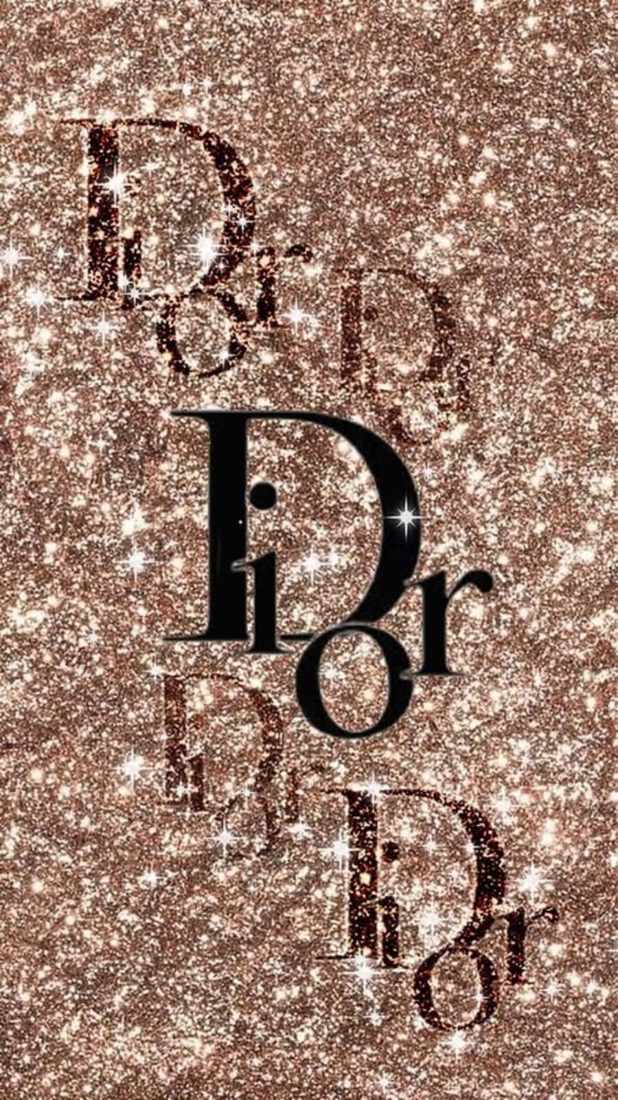 Dior 動態 桌布 壁紙 — 玫瑰金閃粉背景，重複的黑色襯線字體Dior標誌，閃爍著白色星星。