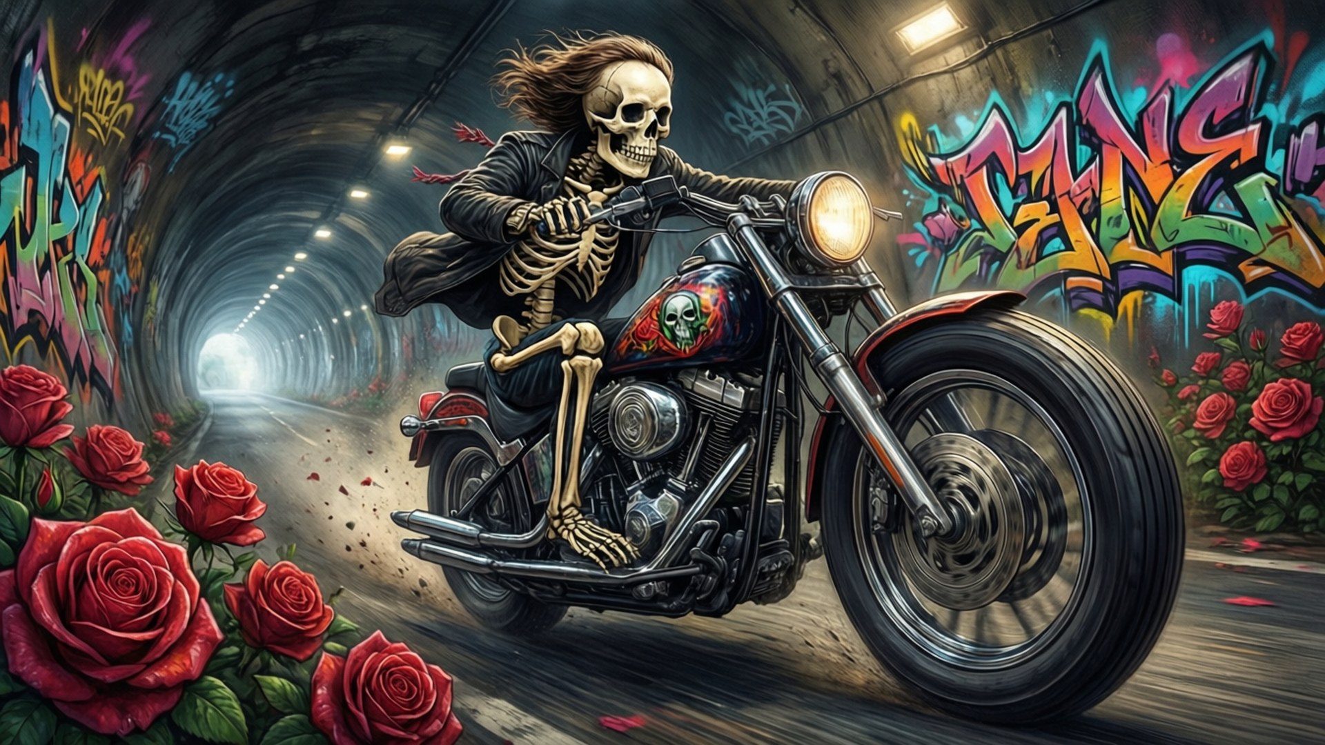 玫瑰隧道中的摩托車骷髏 壁紙