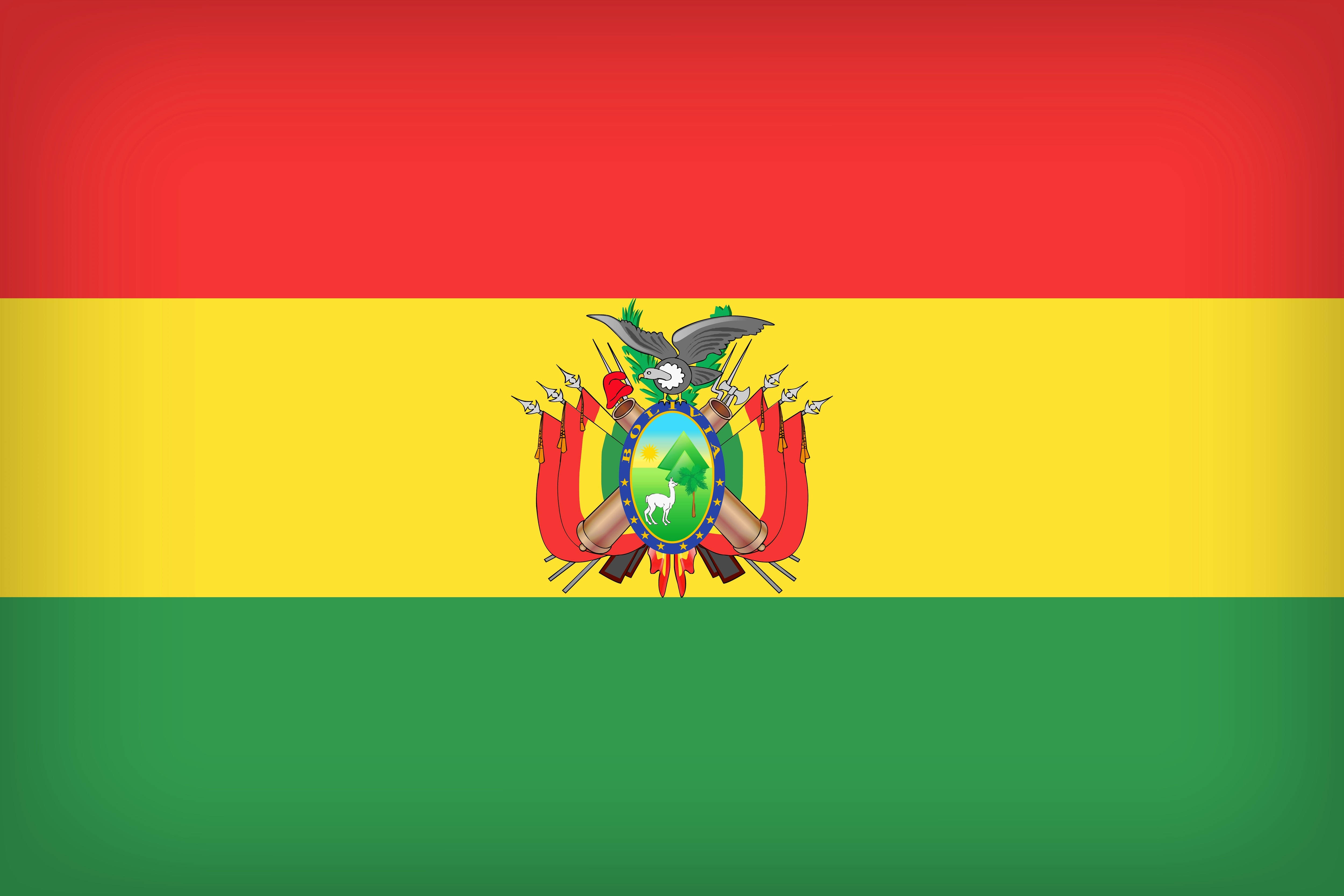 Bolivia 桌布 壁紙 — 玻利維亞國旗由紅、黃、綠三條橫條組成，中央有國徽，圖案為一隻鷹和一隻禿鷹站在一個有駱馬和山脈的盾牌上。