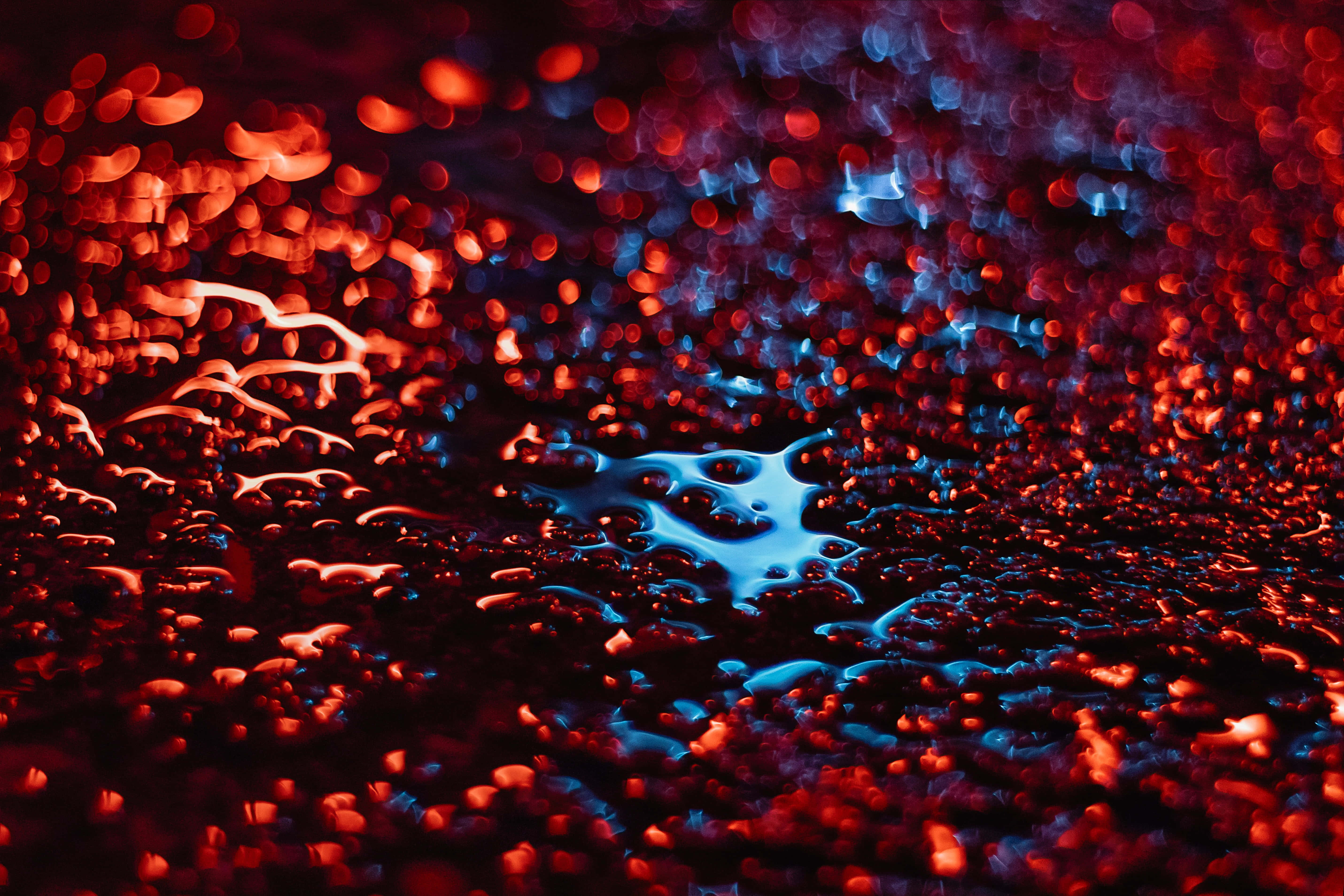 Liquid 桌布 壁紙 — 玻璃上閃爍的水滴將鮮豔的紅色和藍色散景光折射成夢幻般的抽象圖案。