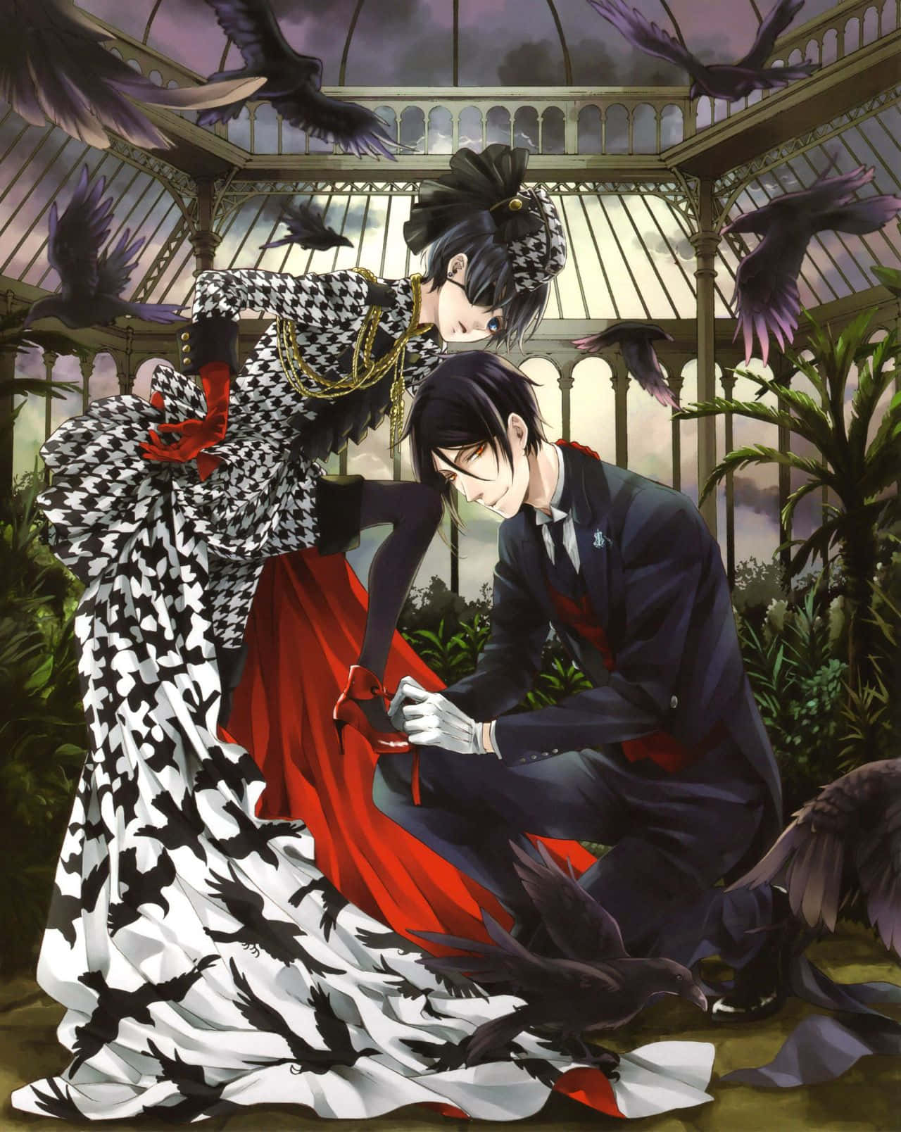 Black Butler 桌布 壁紙 — 玻璃溫室中的戲劇性動漫場景，一名男子跪在一位身穿黑白連衣裙並帶有紅色點綴的女子面前，烏鴉在他們周圍飛翔。