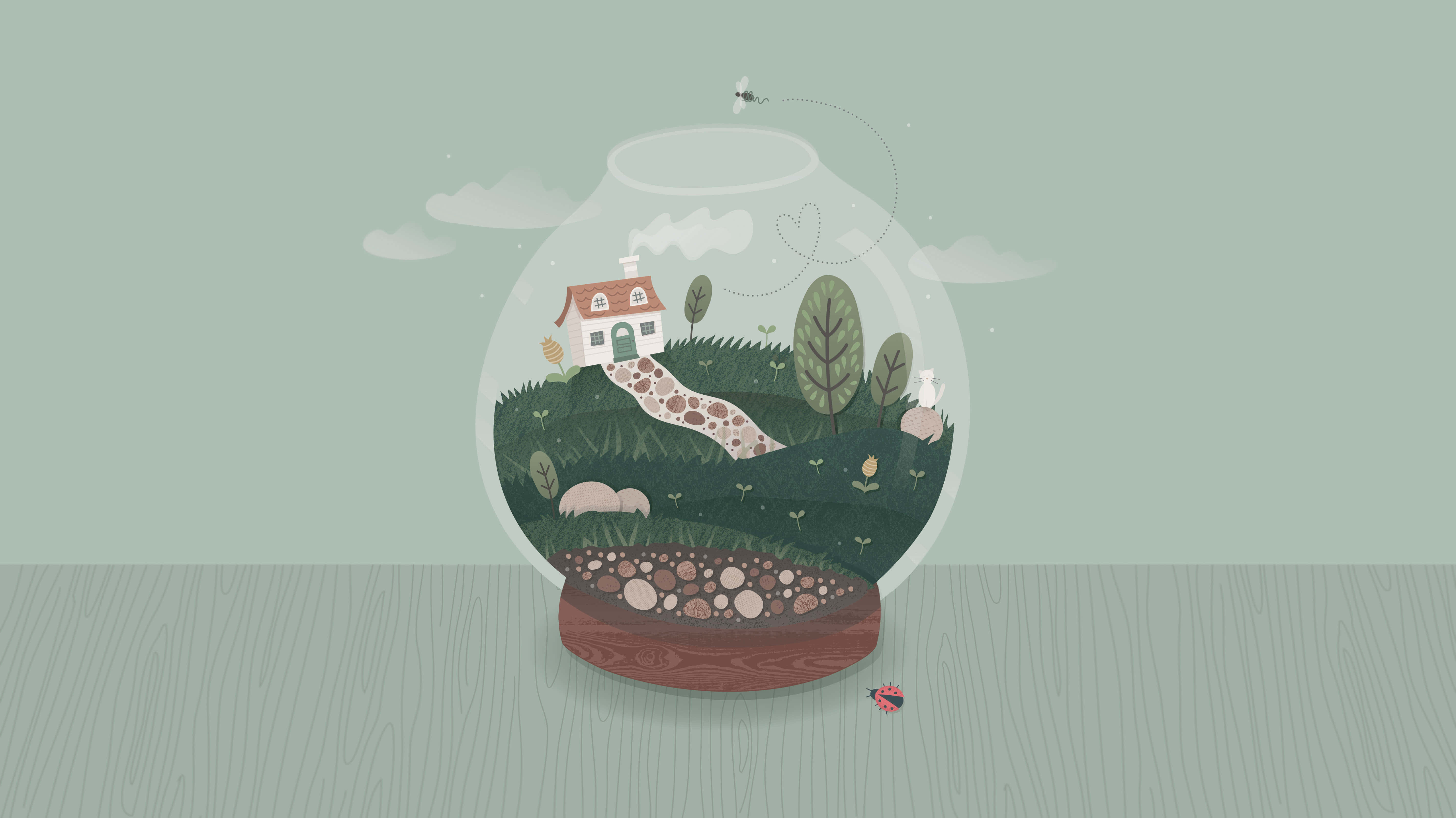 Terrarium 桌布 壁紙 — 玻璃玻璃容器內有一個微型房屋，坐落在綠色的山丘上，有樹木和蜿蜒的小徑，天空柔和。