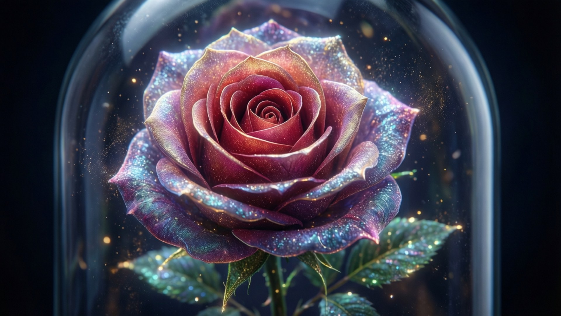 玻璃穹頂下的發光玫瑰 壁紙 — 一朵帶有彩虹紫色和金色花瓣的神奇玫瑰在玻璃圓頂內發光，周圍環繞著閃閃發光的粒子。