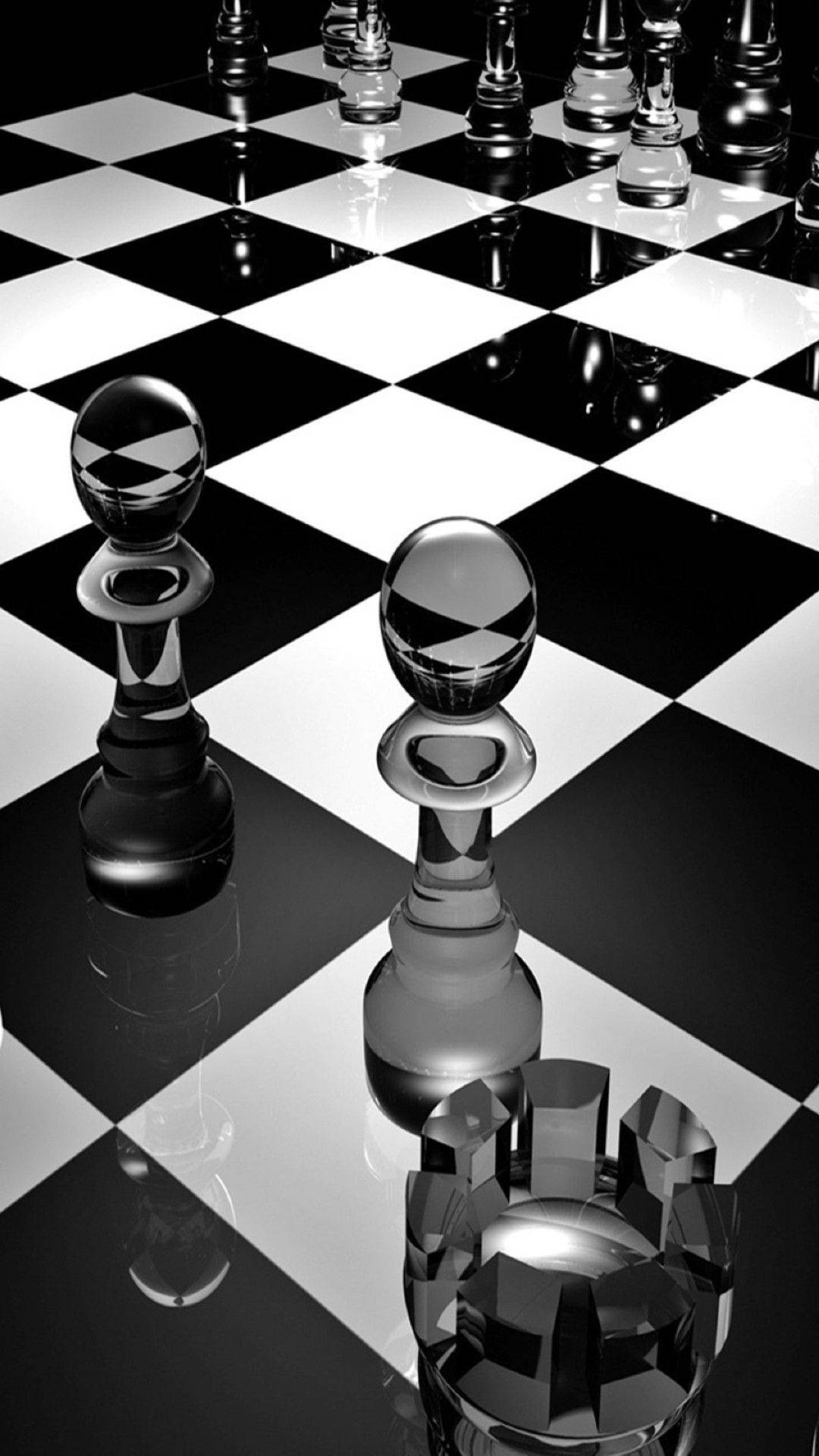 3D iPhone 壁紙 桌布 壁紙 — 玻璃西洋棋棋子在有光澤的黑白棋盤上閃耀，帶有銳利的反射。