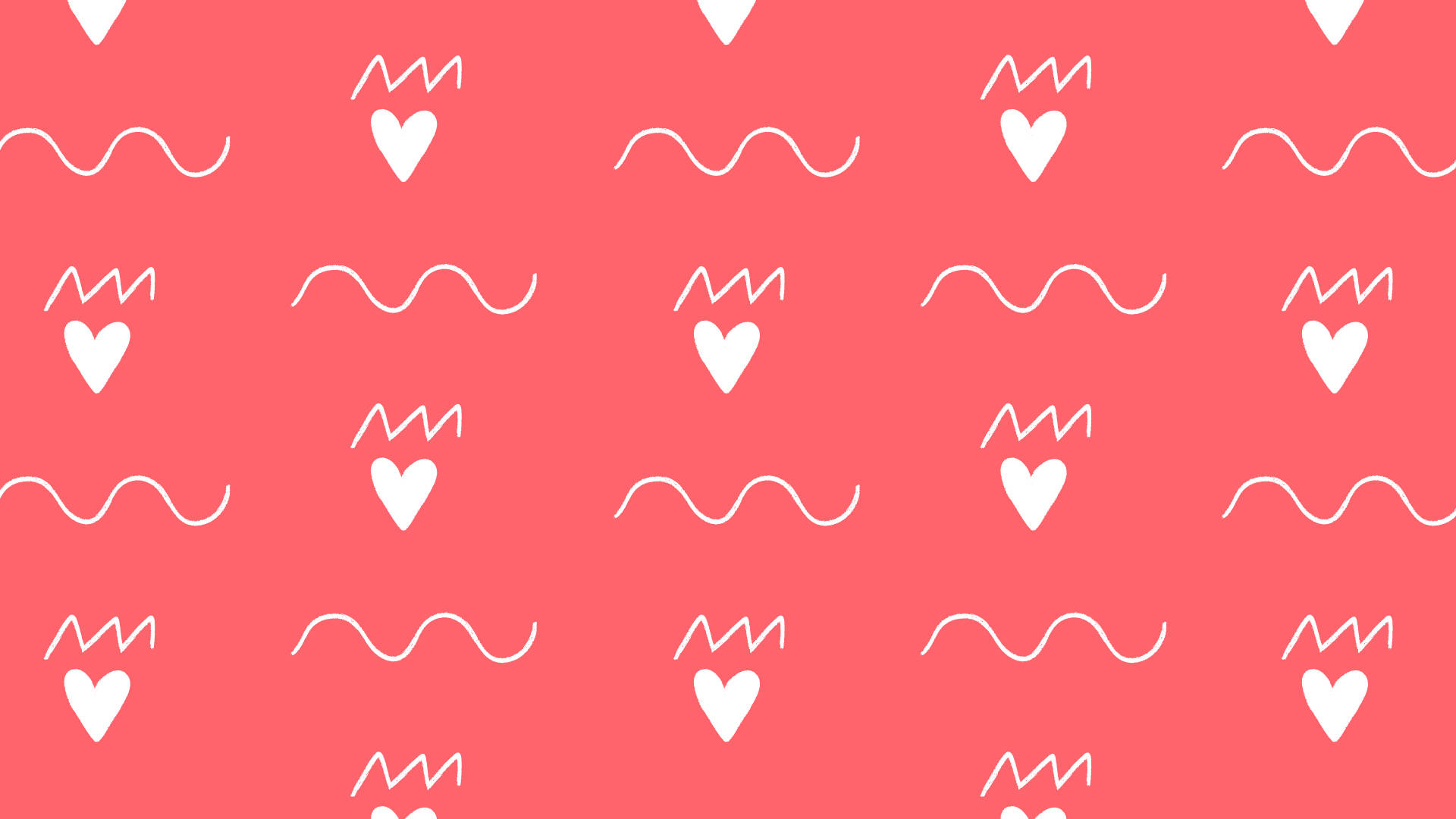 Tumblr Valentines Day 桌布 壁紙 — 珊瑚粉紅色背景，飾有重複的白色心形和波浪線，形成俏皮圖案。
