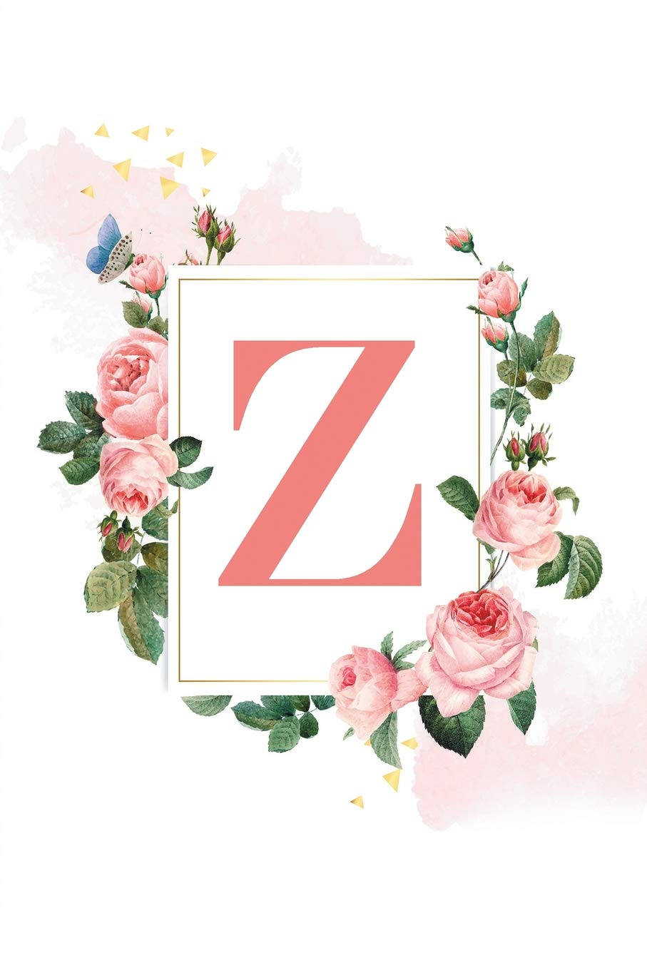 Z 桌布 壁紙 — 珊瑚色字母Z，以粉紅玫瑰、綠葉和藍色蝴蝶框住，襯以柔和的水彩背景。