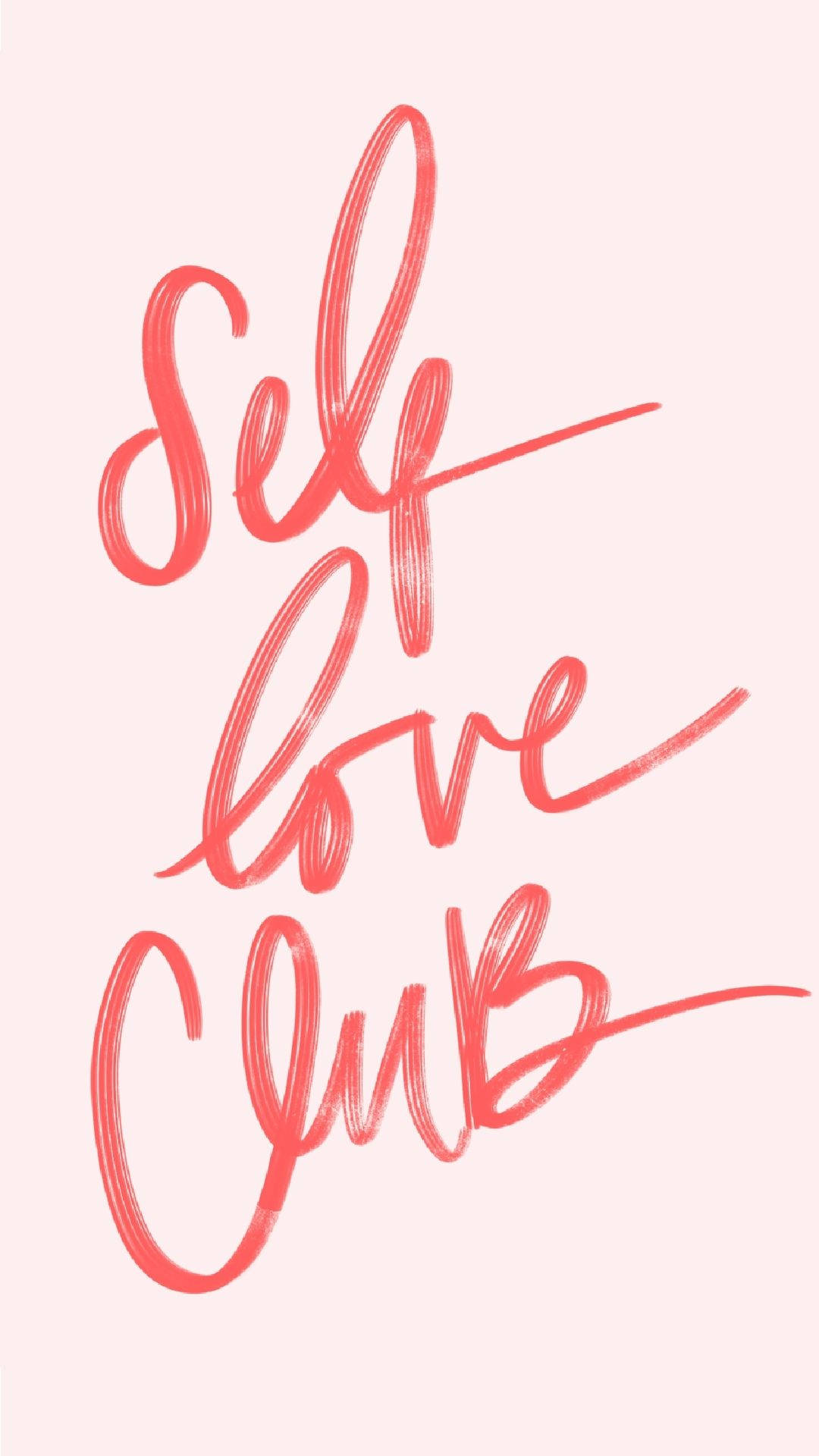 愛情美學動圖 桌布 壁紙 — 珊瑚色手寫文字「Self Love Club」印在柔和的粉紅色背景上，帶有可見的筆觸紋理。