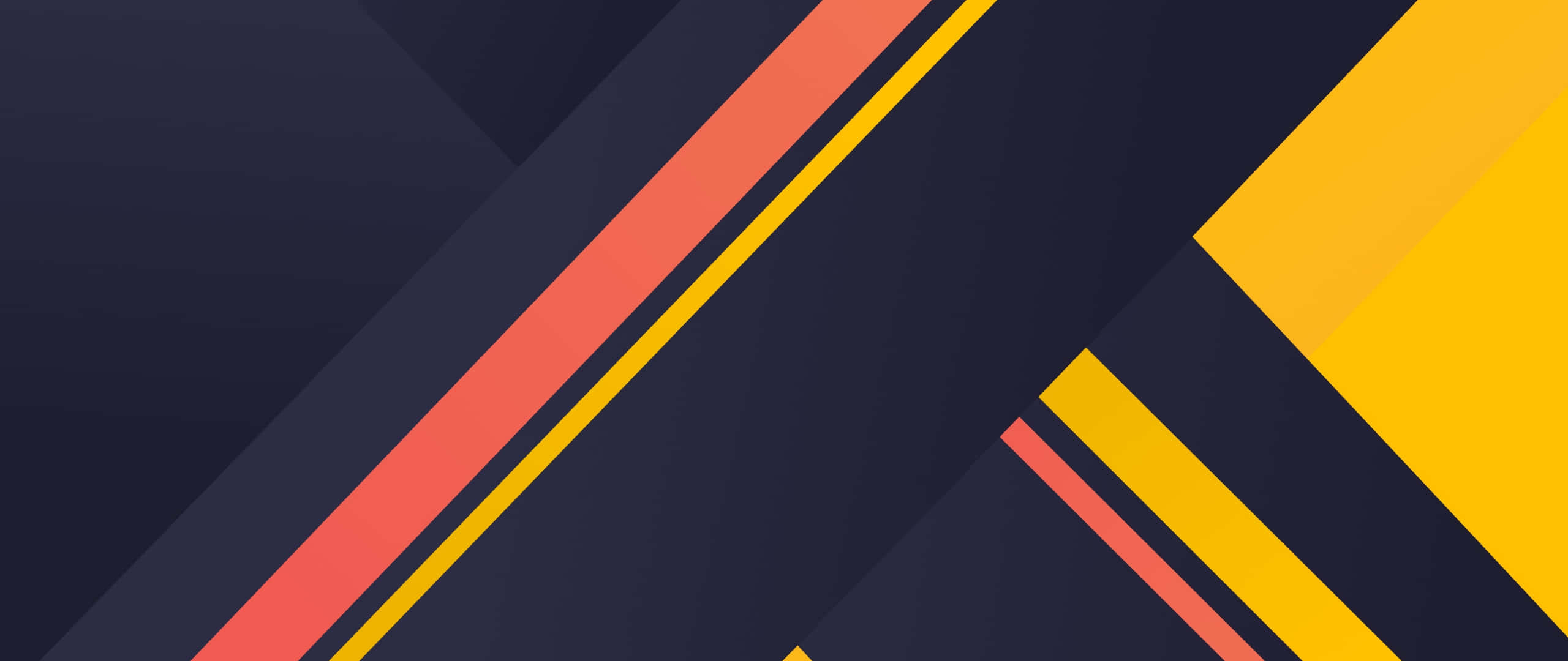 2560x1080 Minimal 桌布 壁紙 — 珊瑚黃和深藍色的大膽幾何條紋營造出動感現代的抽象構圖。
