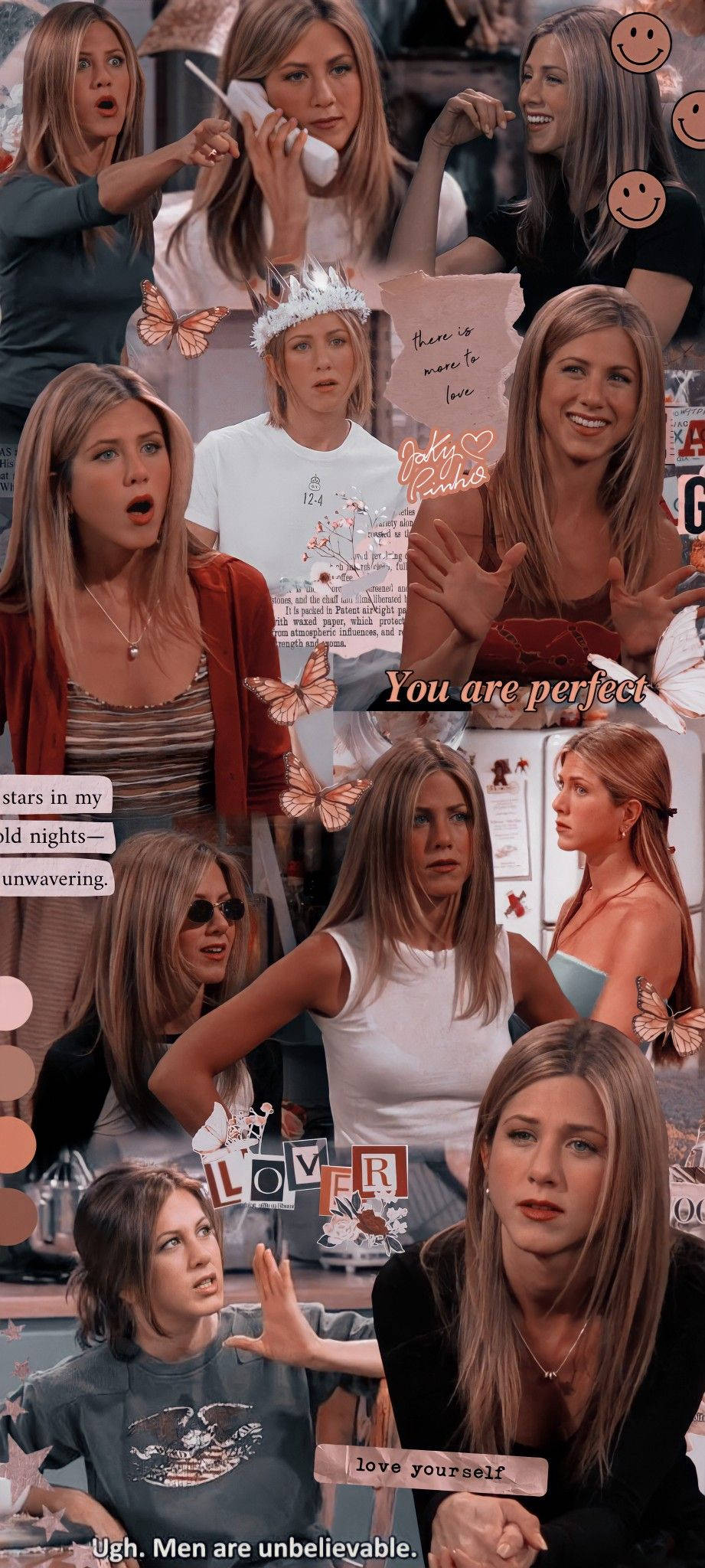 Friends Aesthetic 桌布 壁紙 — 珍妮佛安妮斯頓在《六人行》中的經典時刻拼貼，配以蝴蝶疊加和手寫肯定語。